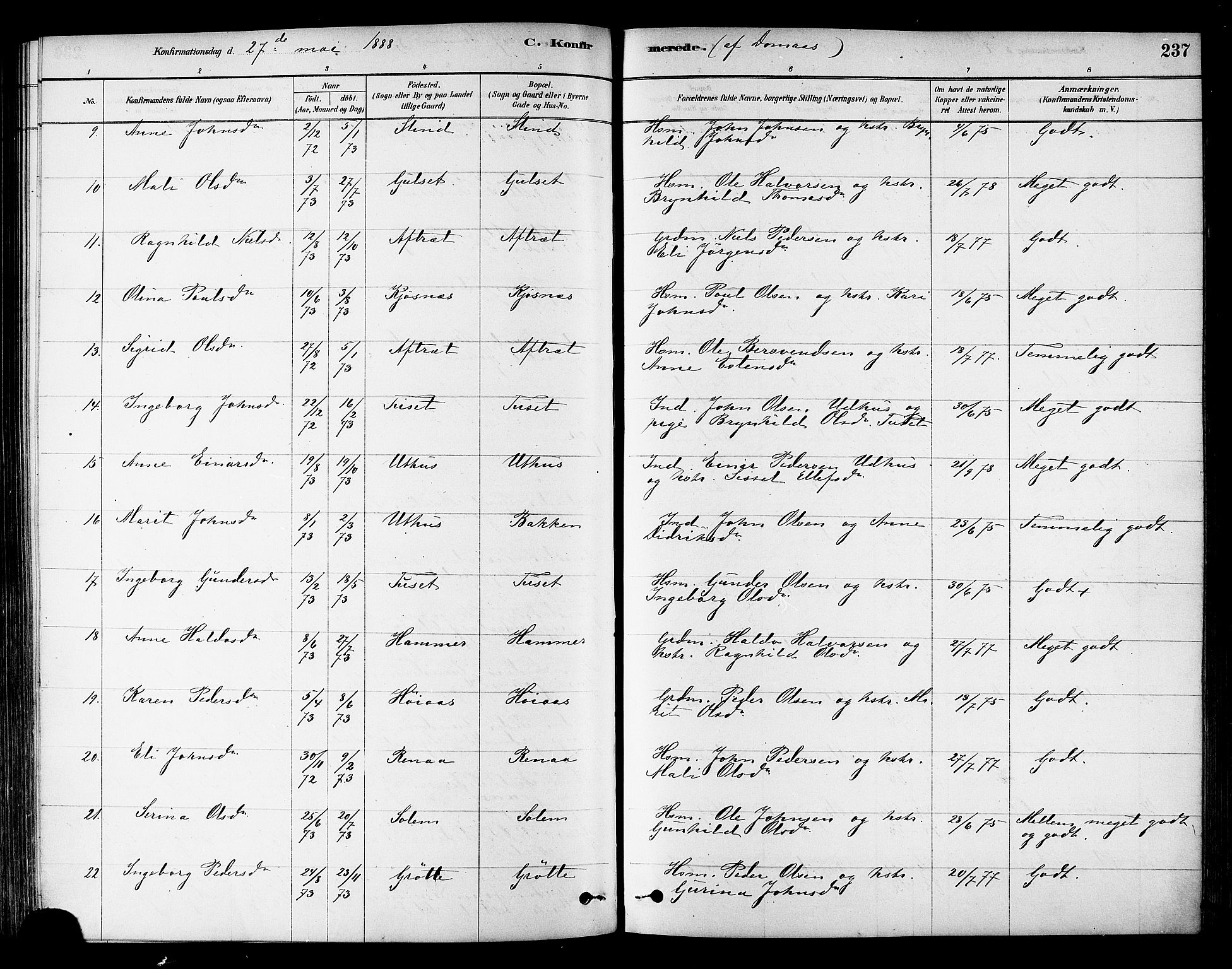 Ministerialprotokoller, klokkerbøker og fødselsregistre - Sør-Trøndelag, AV/SAT-A-1456/695/L1148: Parish register (official) no. 695A08, 1878-1891, p. 237