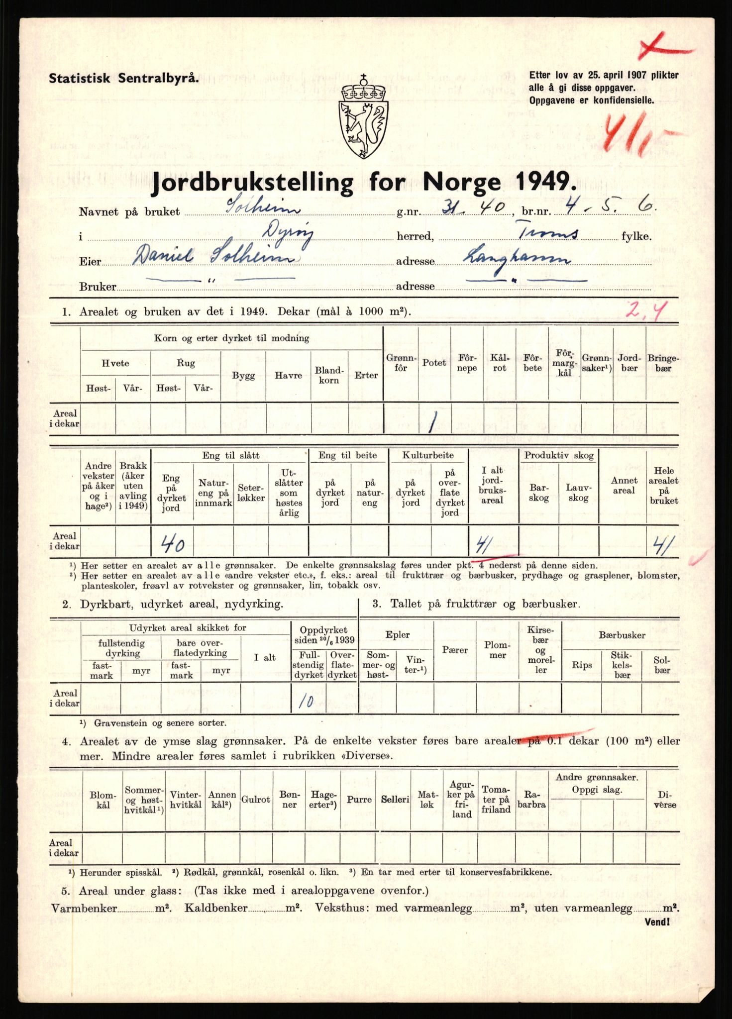 Statistisk sentralbyrå, Næringsøkonomiske emner, Jordbruk, skogbruk, jakt, fiske og fangst, AV/RA-S-2234/G/Gc/L0440: Troms: Sørreisa og Dyrøy, 1949, p. 1569