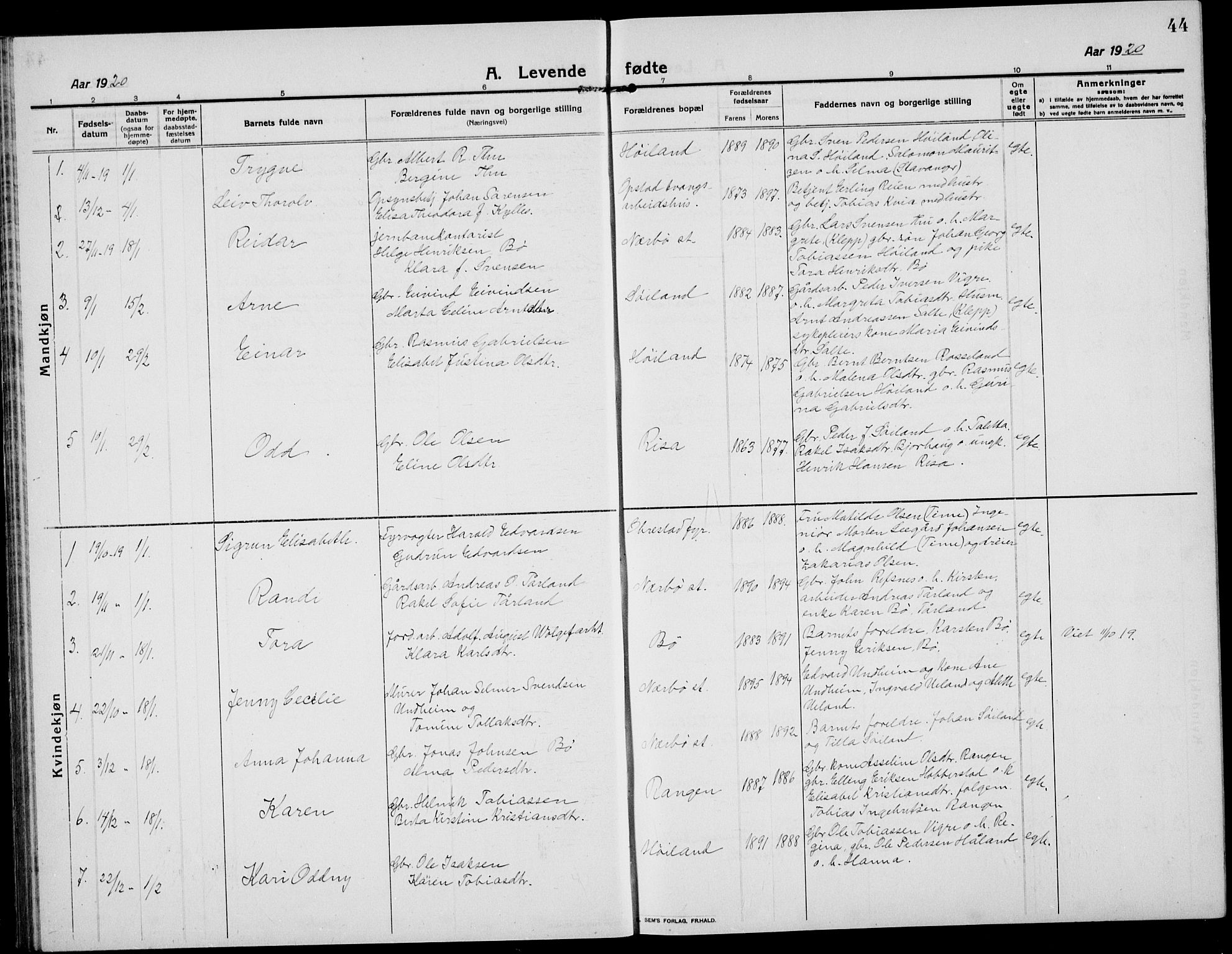 Hå sokneprestkontor, SAST/A-101801/001/30BB/L0007: Parish register (copy) no. B 7, 1912-1939, p. 44
