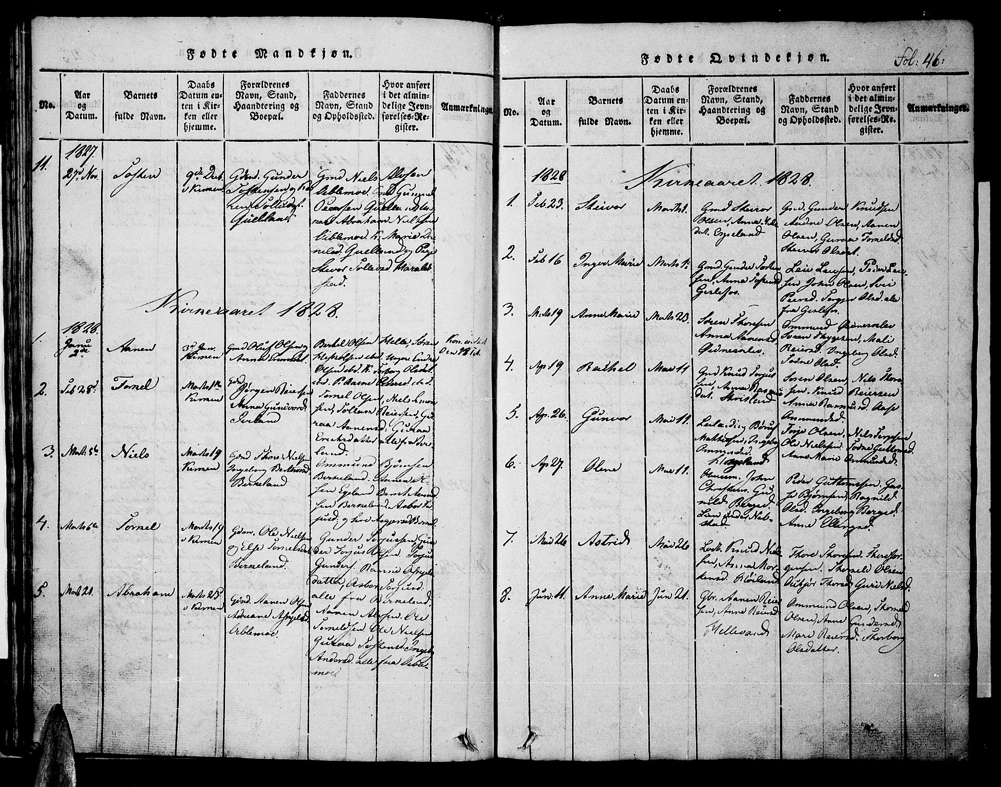 Nord-Audnedal sokneprestkontor, AV/SAK-1111-0032/F/Fb/Fba/L0001: Parish register (copy) no. B 1, 1815-1856, p. 46