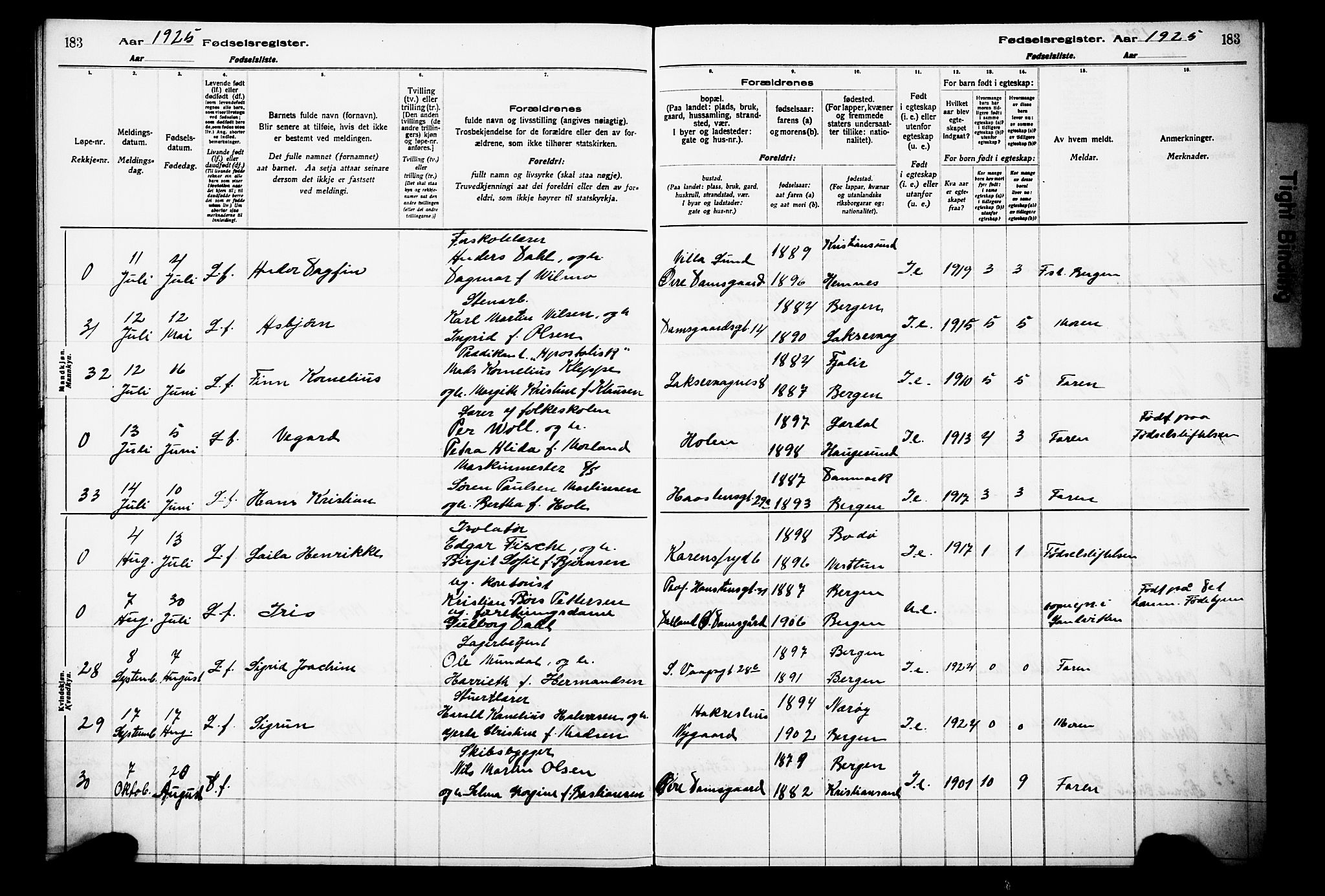 Laksevåg Sokneprestembete, AV/SAB-A-76501/I/Id/L00A1: Birth register no. A 1, 1916-1926, p. 183