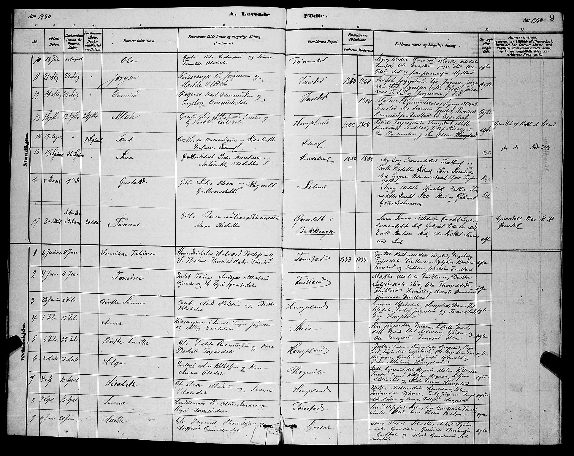 Sirdal sokneprestkontor, AV/SAK-1111-0036/F/Fb/Fbb/L0003: Parish register (copy) no. B 3, 1878-1894, p. 9