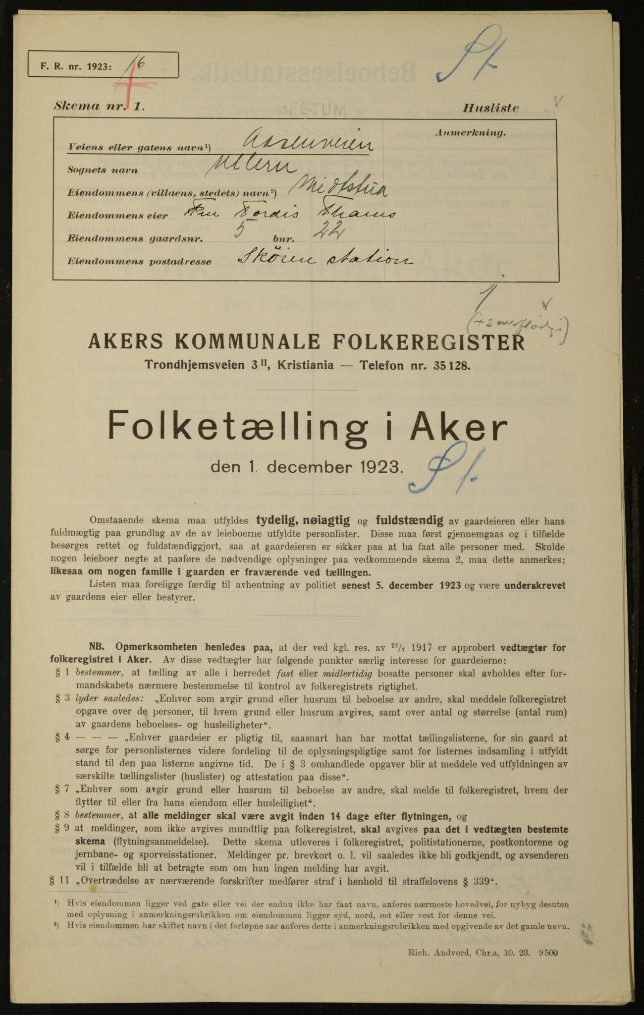 , Municipal Census 1923 for Aker, 1923, p. 78