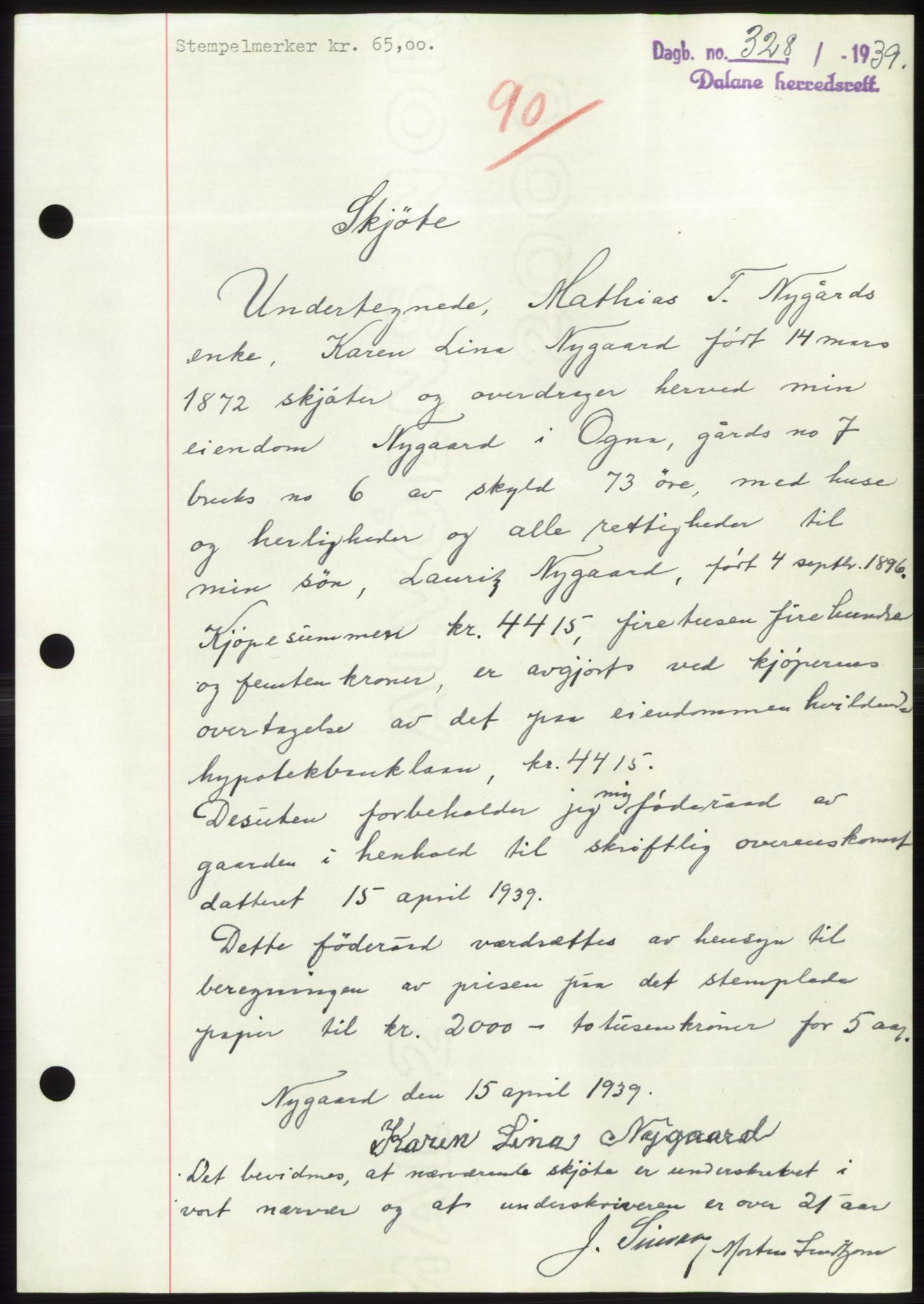 Dalane sorenskriveri, AV/SAST-A-100309/02/G/Gb/L0058: Mortgage book, 1926-1950, Deed date: 19.04.1939