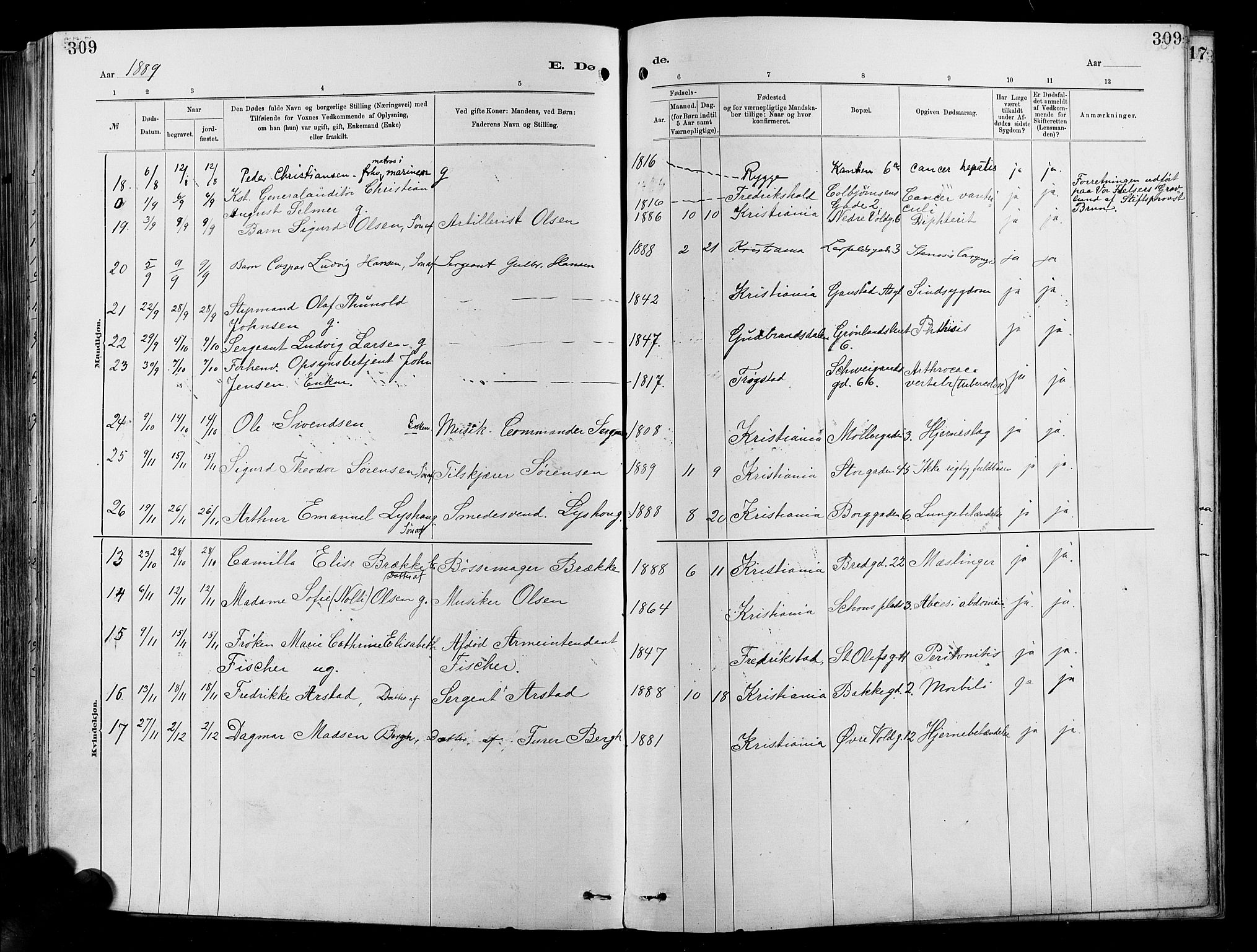 Garnisonsmenigheten Kirkebøker, SAO/A-10846/F/Fa/L0012: Parish register (official) no. 12, 1880-1893, p. 309