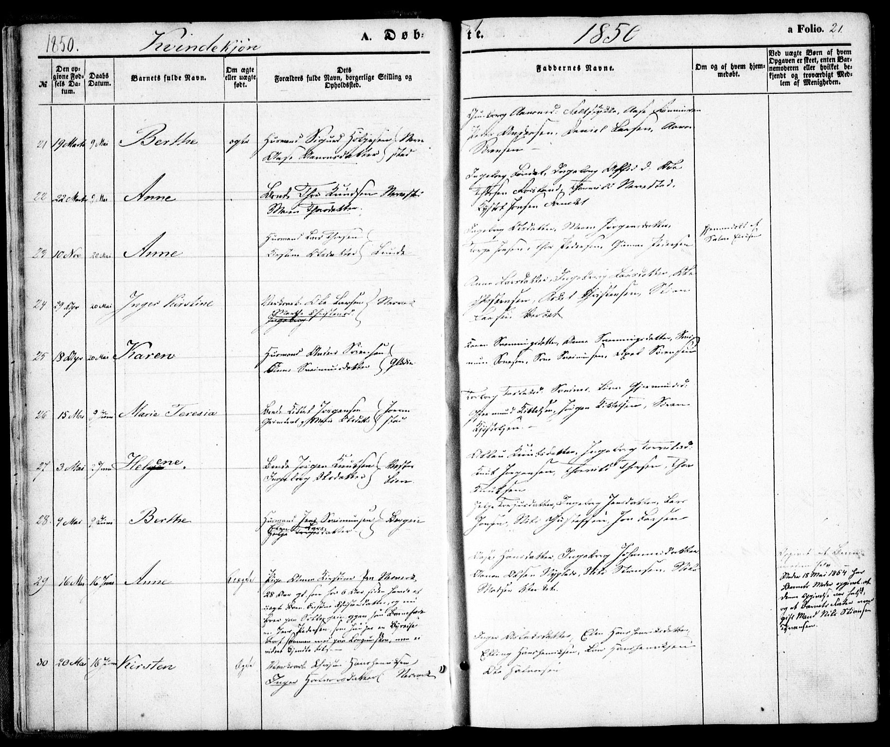 Holt sokneprestkontor, AV/SAK-1111-0021/F/Fa/L0008: Parish register (official) no. A 8, 1849-1860, p. 21