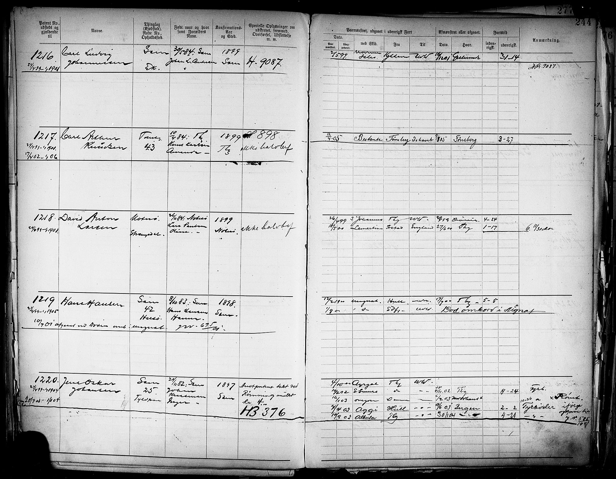 Tønsberg innrulleringskontor, AV/SAKO-A-786/F/Fb/L0004: Annotasjonsrulle Patent nr. 1-2400, 1892-1904, p. 210