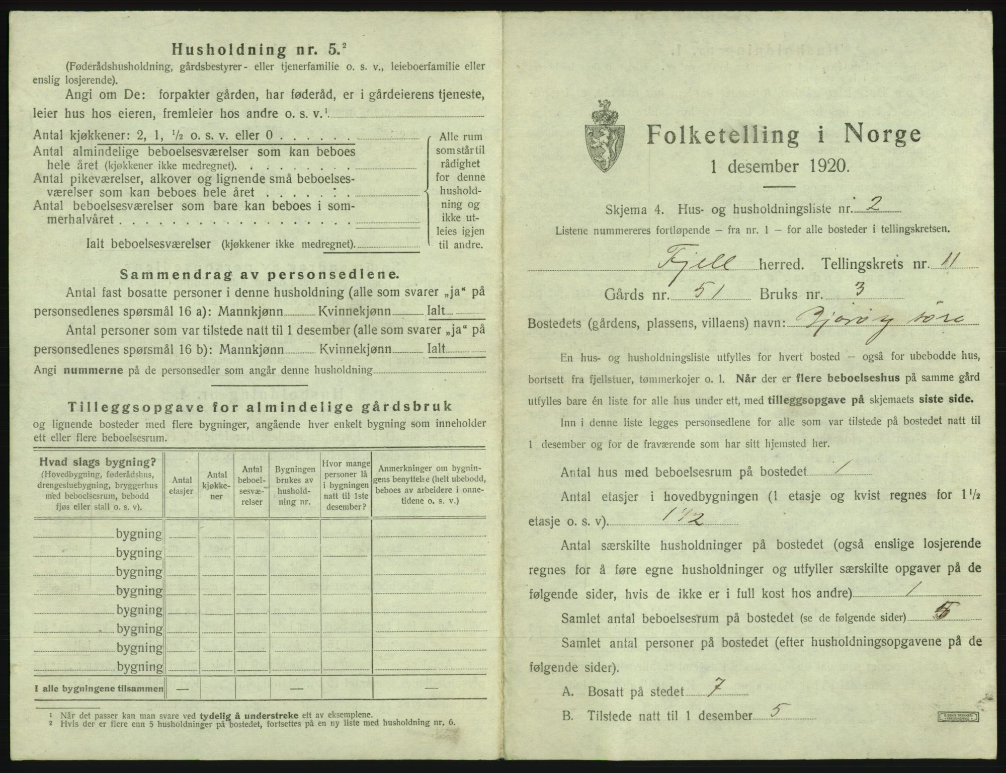 SAB, 1920 census for Fjell, 1920, p. 1211