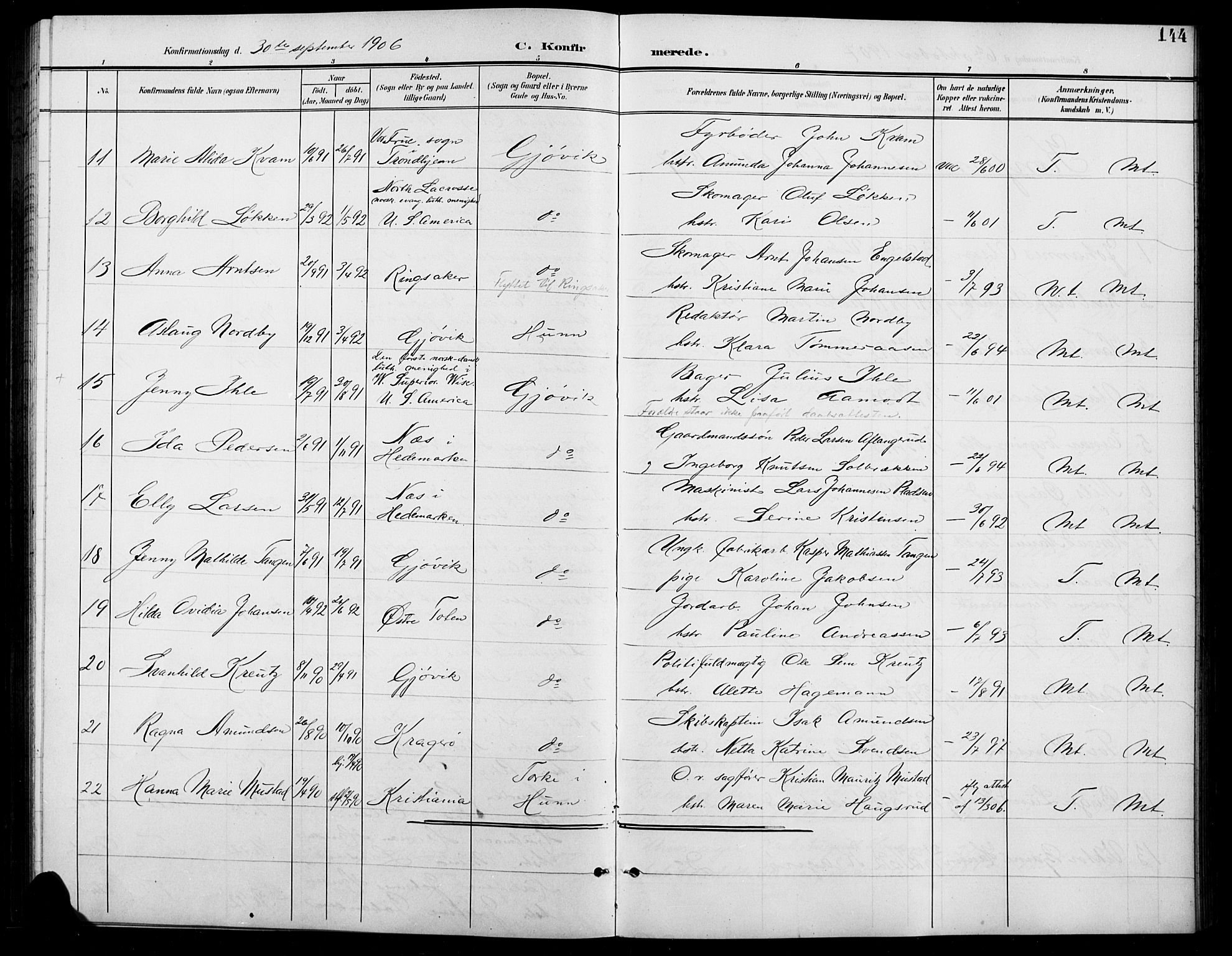 Vardal prestekontor, SAH/PREST-100/H/Ha/Hab/L0012: Parish register (copy) no. 12, 1902-1911, p. 144