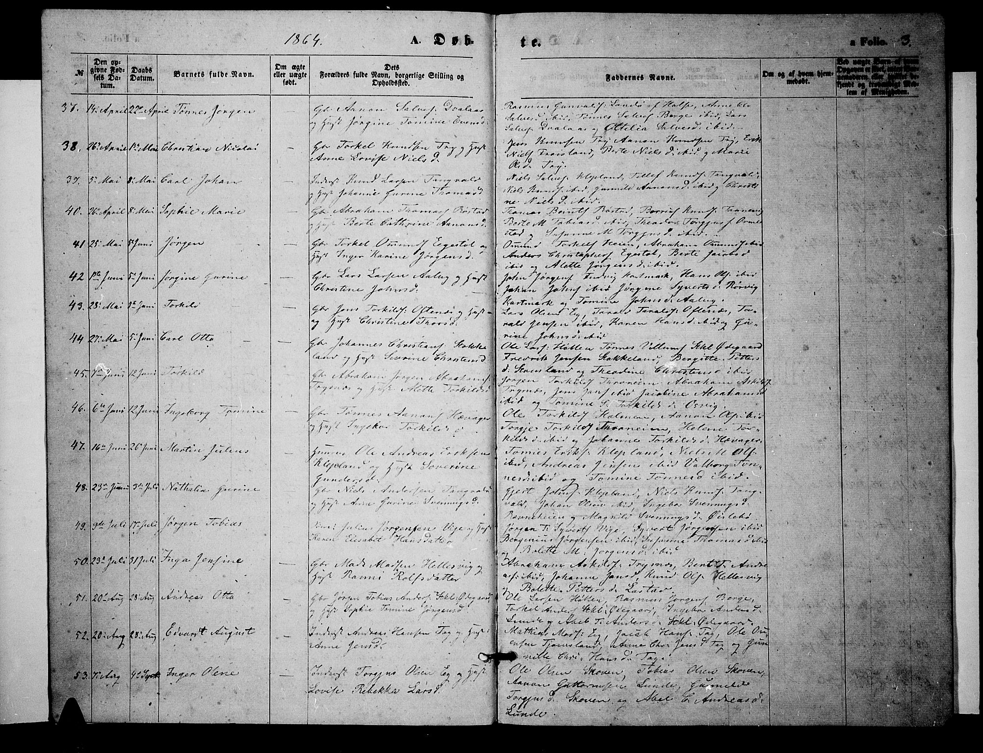 Søgne sokneprestkontor, SAK/1111-0037/F/Fb/Fbb/L0004: Parish register (copy) no. B 4, 1864-1883, p. 3