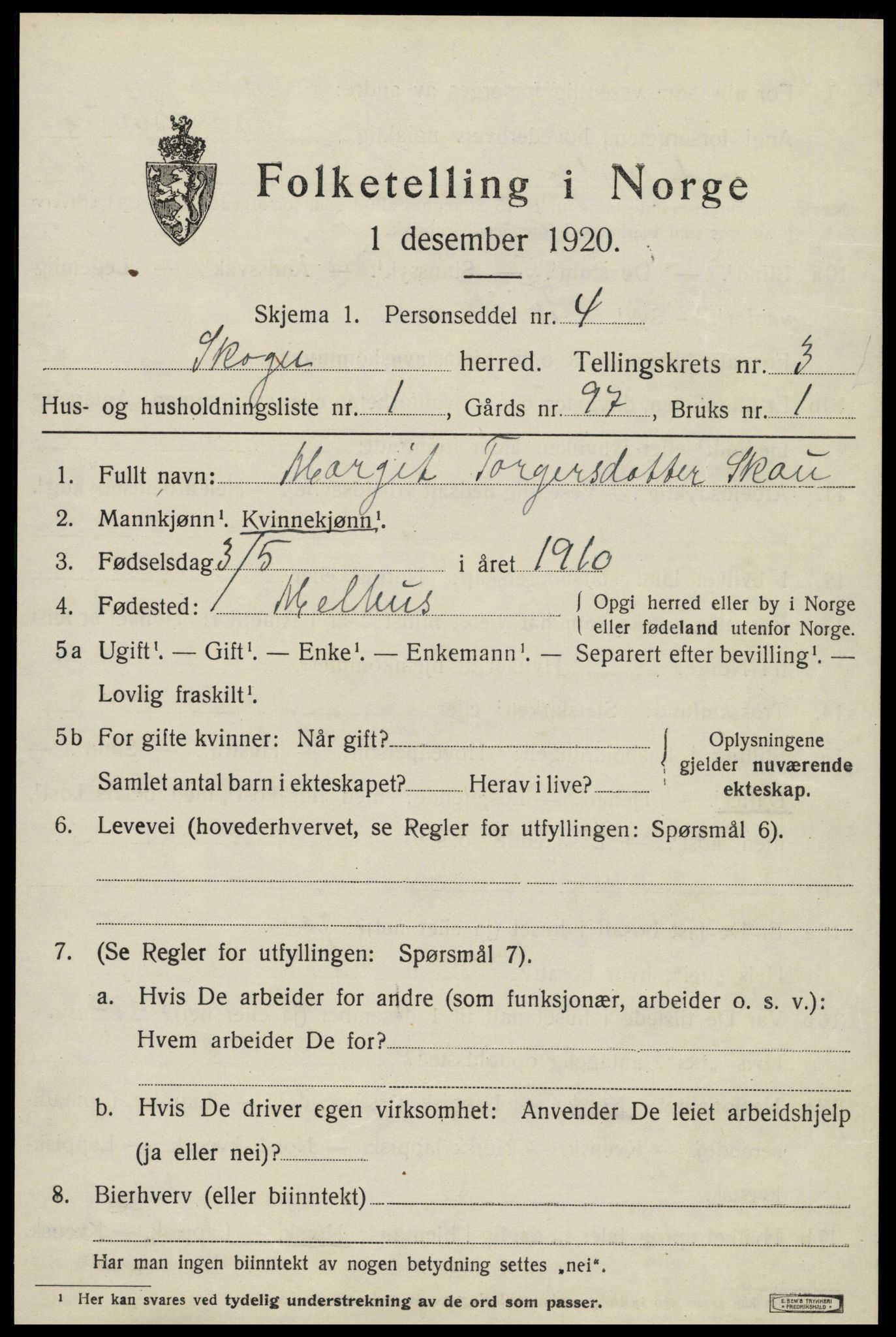 SAT, 1920 census for Skogn, 1920, p. 4601