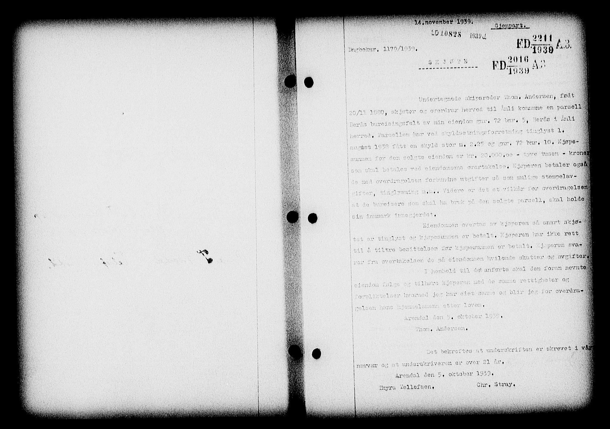 Nedenes sorenskriveri, SAK/1221-0006/G/Gb/Gba/L0047: Mortgage book no. A-I, 1939-1940, Diary no: : 1179/1939