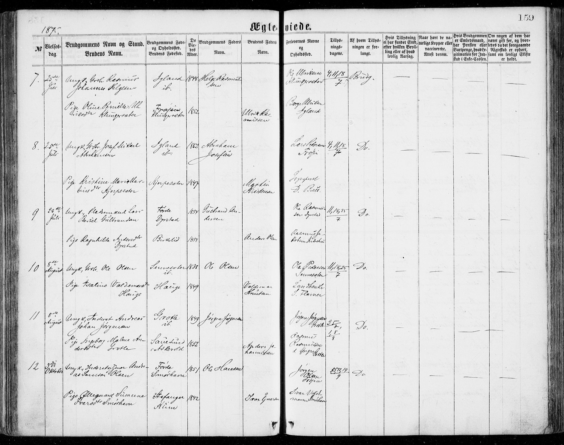 Bremanger sokneprestembete, AV/SAB-A-82201/H/Haa/Haaa/L0001: Parish register (official) no. A  1, 1864-1883, p. 159