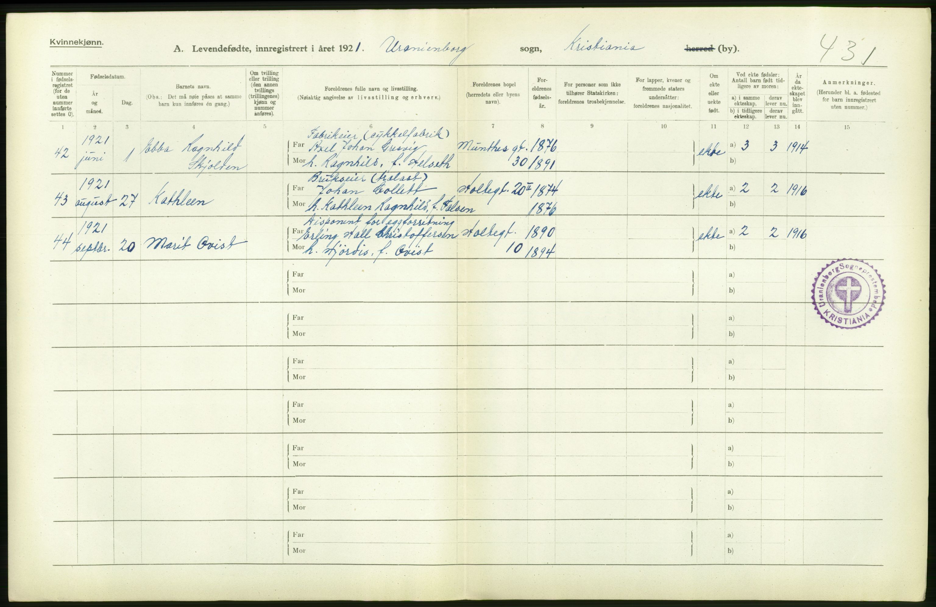 Statistisk sentralbyrå, Sosiodemografiske emner, Befolkning, RA/S-2228/D/Df/Dfc/Dfca/L0010: Kristiania: Levendefødte menn og kvinner., 1921, p. 142