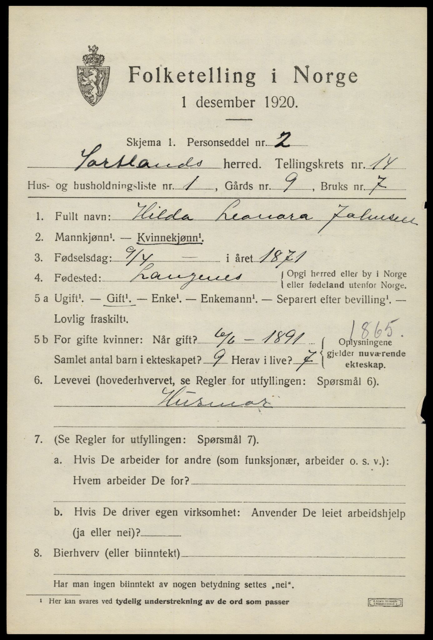 SAT, 1920 census for Sortland, 1920, p. 10870