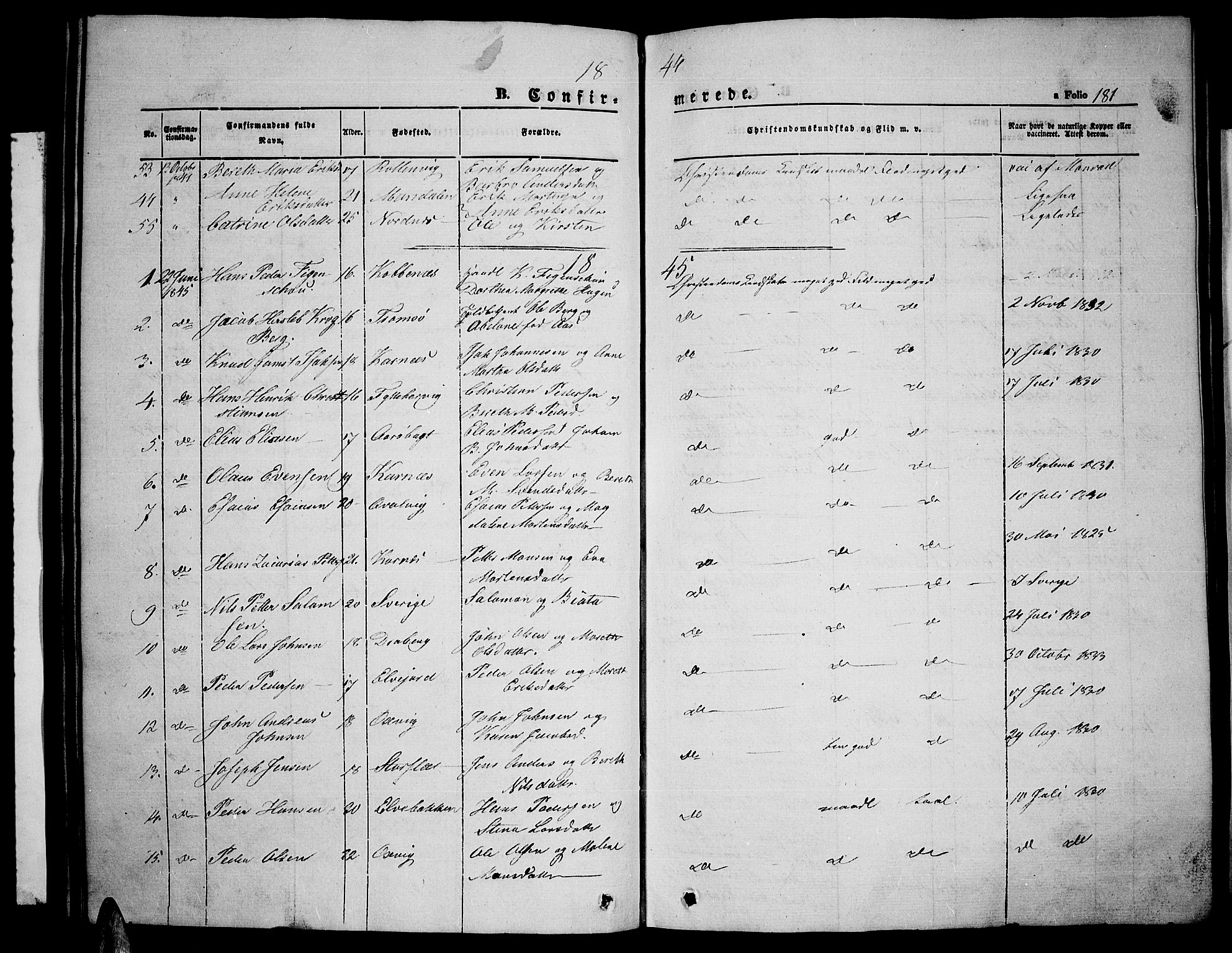 Lyngen sokneprestembete, SATØ/S-1289/H/He/Heb/L0002klokker: Parish register (copy) no. 2, 1839-1860, p. 181