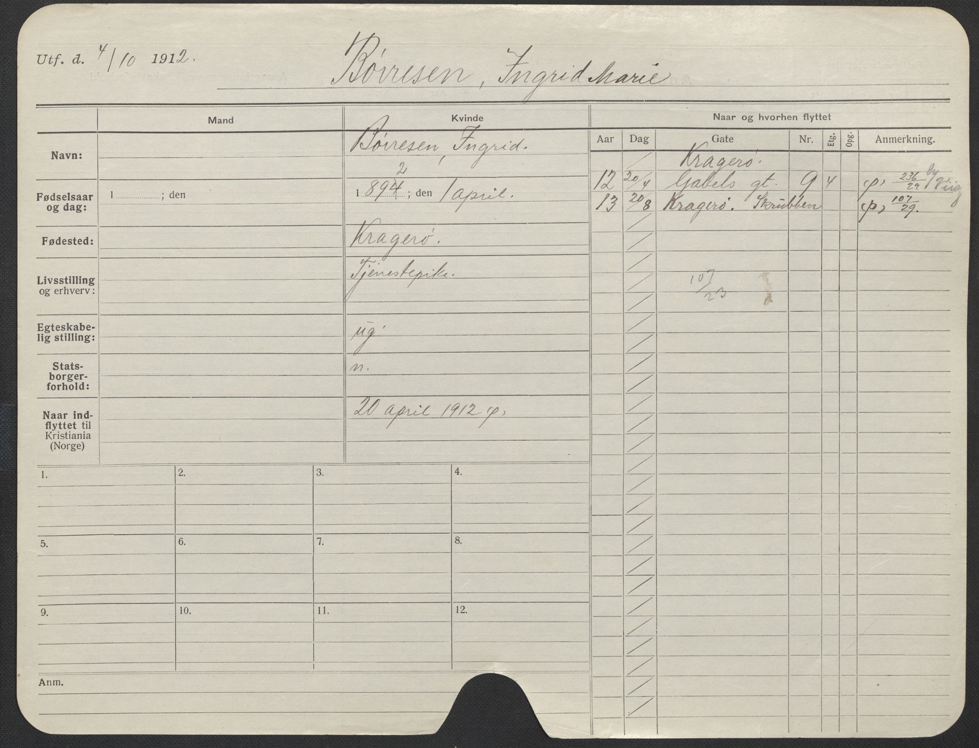 Oslo folkeregister, Registerkort, SAO/A-11715/F/Fa/Fac/L0013: Kvinner, 1906-1914, p. 1050a