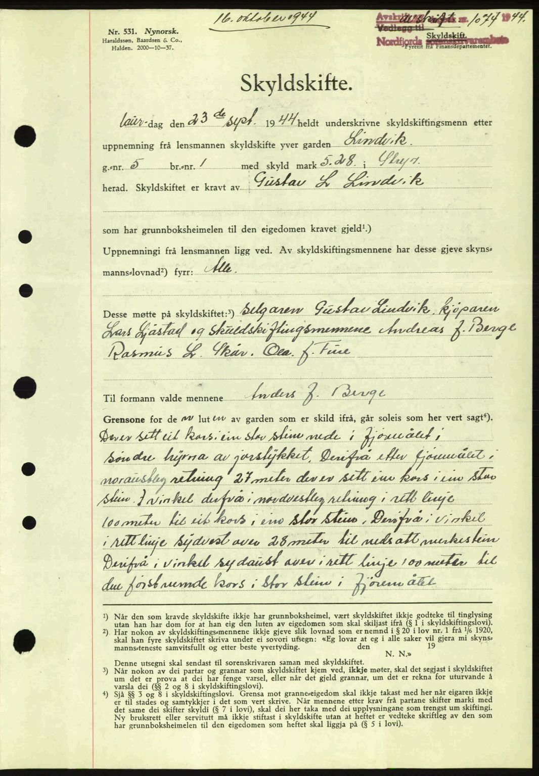 Nordfjord sorenskriveri, AV/SAB-A-2801/02/02b/02bj/L0009a: Mortgage book no. A9 I, 1944-1944, Diary no: : 1074/1944