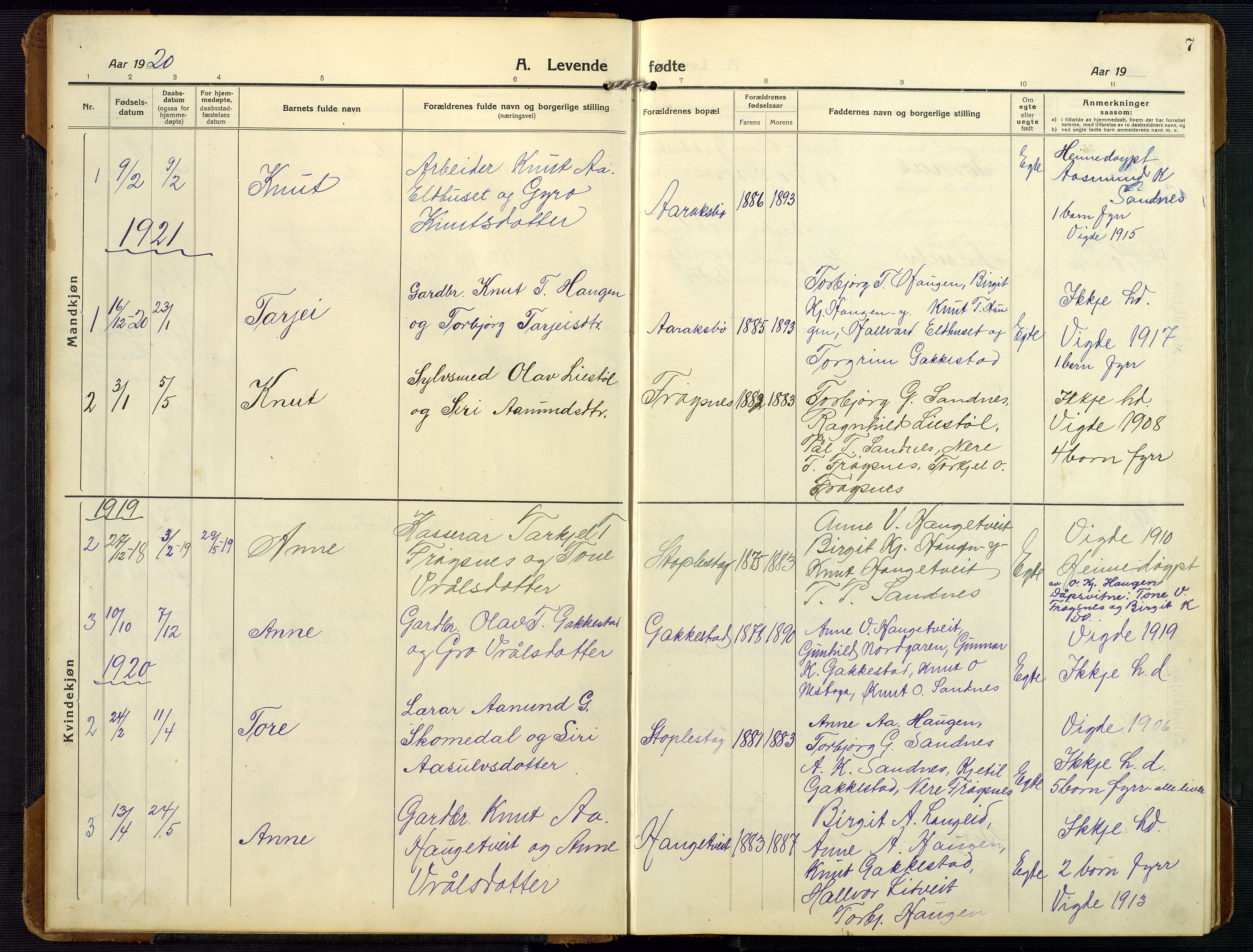 Bygland sokneprestkontor, SAK/1111-0006/F/Fb/Fbc/L0003: Parish register (copy) no. B 3, 1916-1975, p. 7