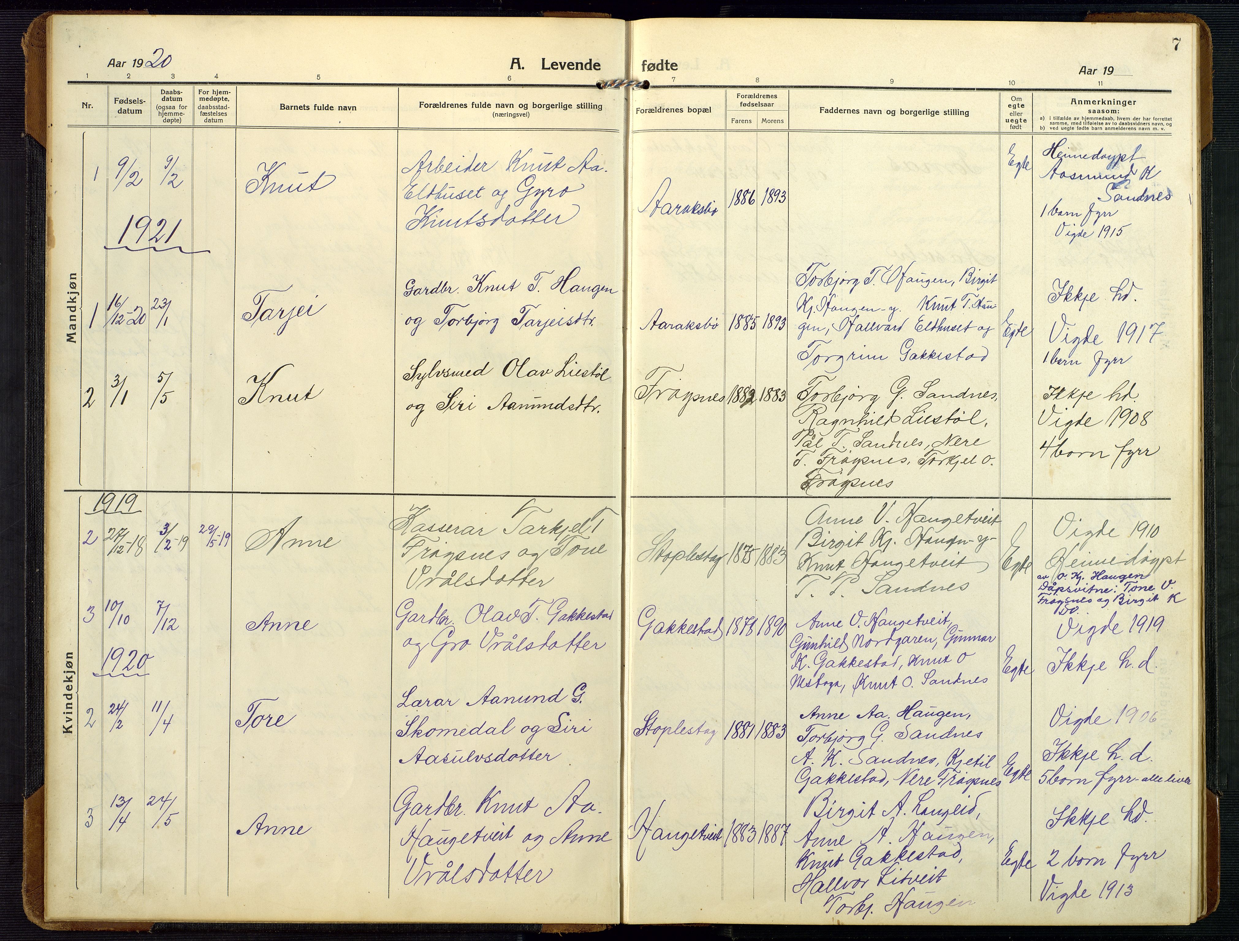 Bygland sokneprestkontor, AV/SAK-1111-0006/F/Fb/Fbc/L0003: Parish register (copy) no. B 3, 1916-1975, p. 7