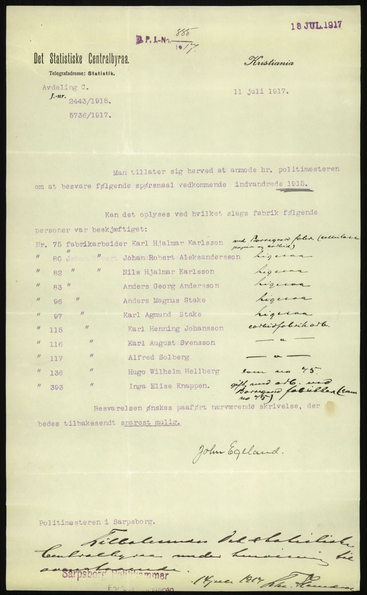 Statistisk sentralbyrå, Sosioøkonomiske emner, Folketellinger, boliger og boforhold, AV/RA-S-2231/F/Fa/L0001: Innvandring. Navn/fylkesvis, 1915, p. 27