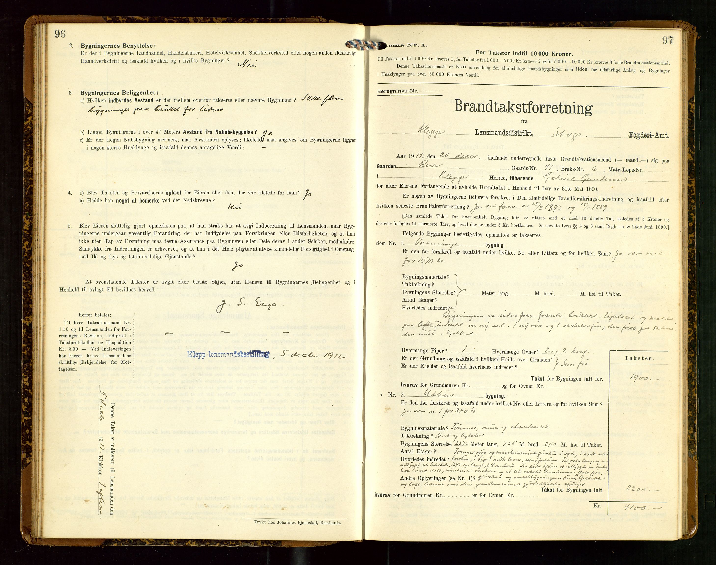 Klepp lensmannskontor, AV/SAST-A-100163/Goc/L0007: "Brandtaxationsprotokol" m/register, 1911-1915, p. 96-97