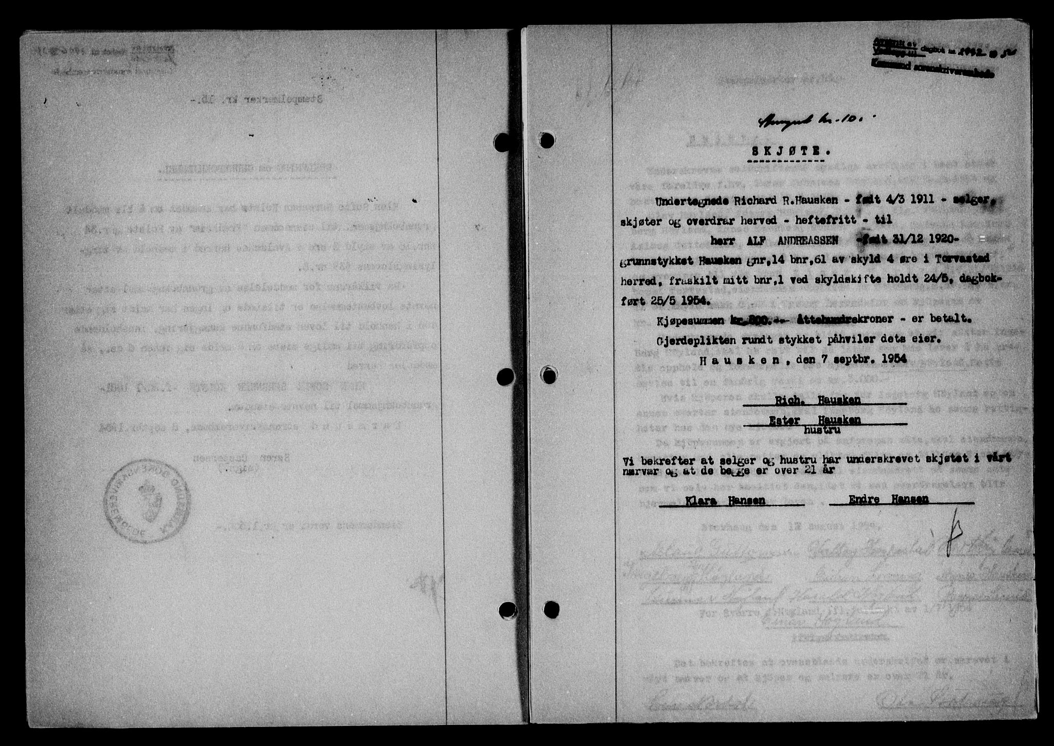 Karmsund sorenskriveri, SAST/A-100311/01/II/IIB/L0113: Mortgage book no. 93A, 1954-1954, Diary no: : 2992/1954