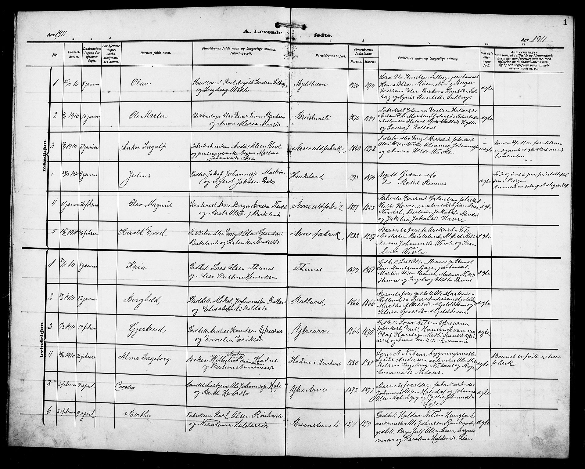 Arna Sokneprestembete, AV/SAB-A-74001/H/Ha/Hab: Parish register (copy) no. A 5, 1911-1921, p. 1