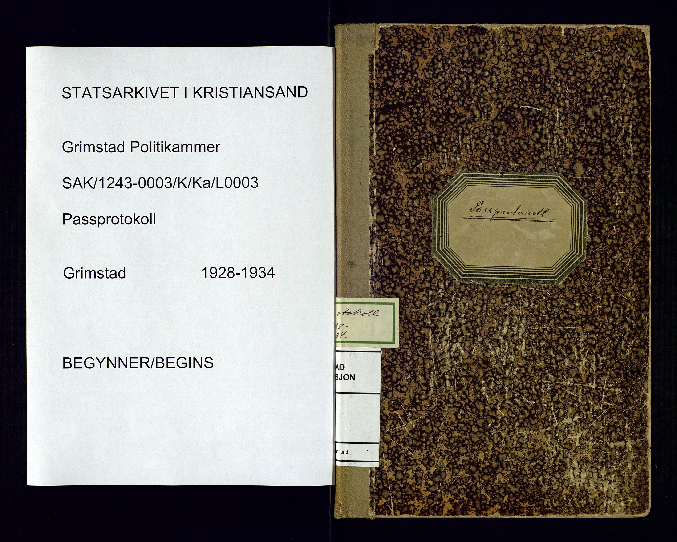 Grimstad politistasjon, SAK/1243-0003/K/Ka/L0003: Passprotokoll nr 123, 1928-1934, p. 1