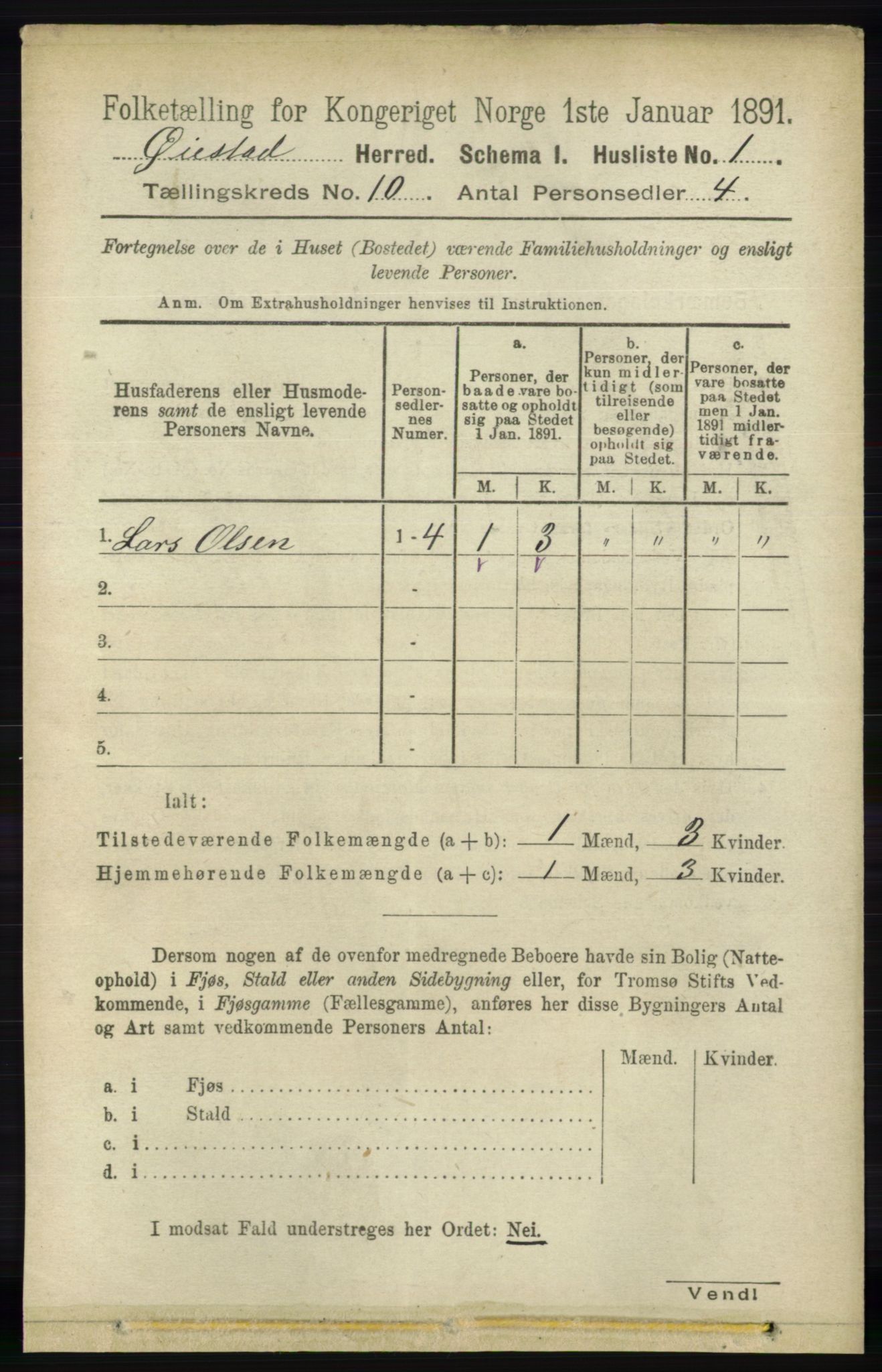 RA, 1891 census for 0920 Øyestad, 1891, p. 4067