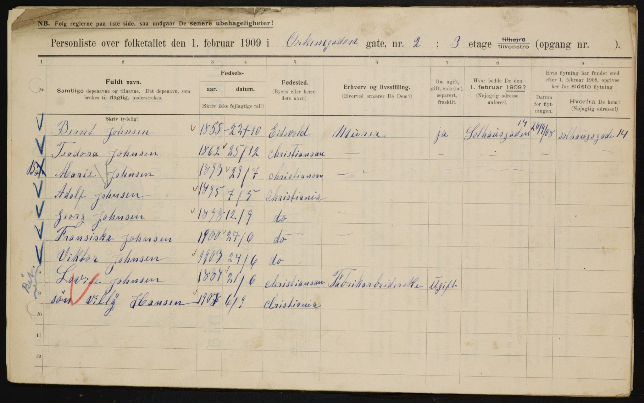 OBA, Municipal Census 1909 for Kristiania, 1909, p. 68737