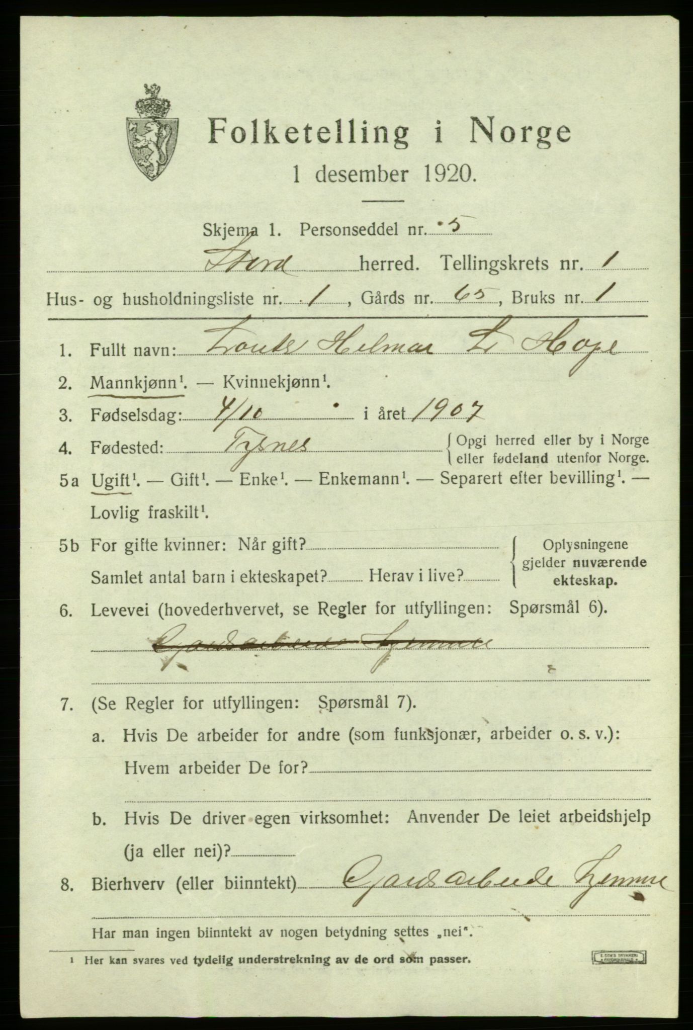 SAB, 1920 census for Stord, 1920, p. 1239