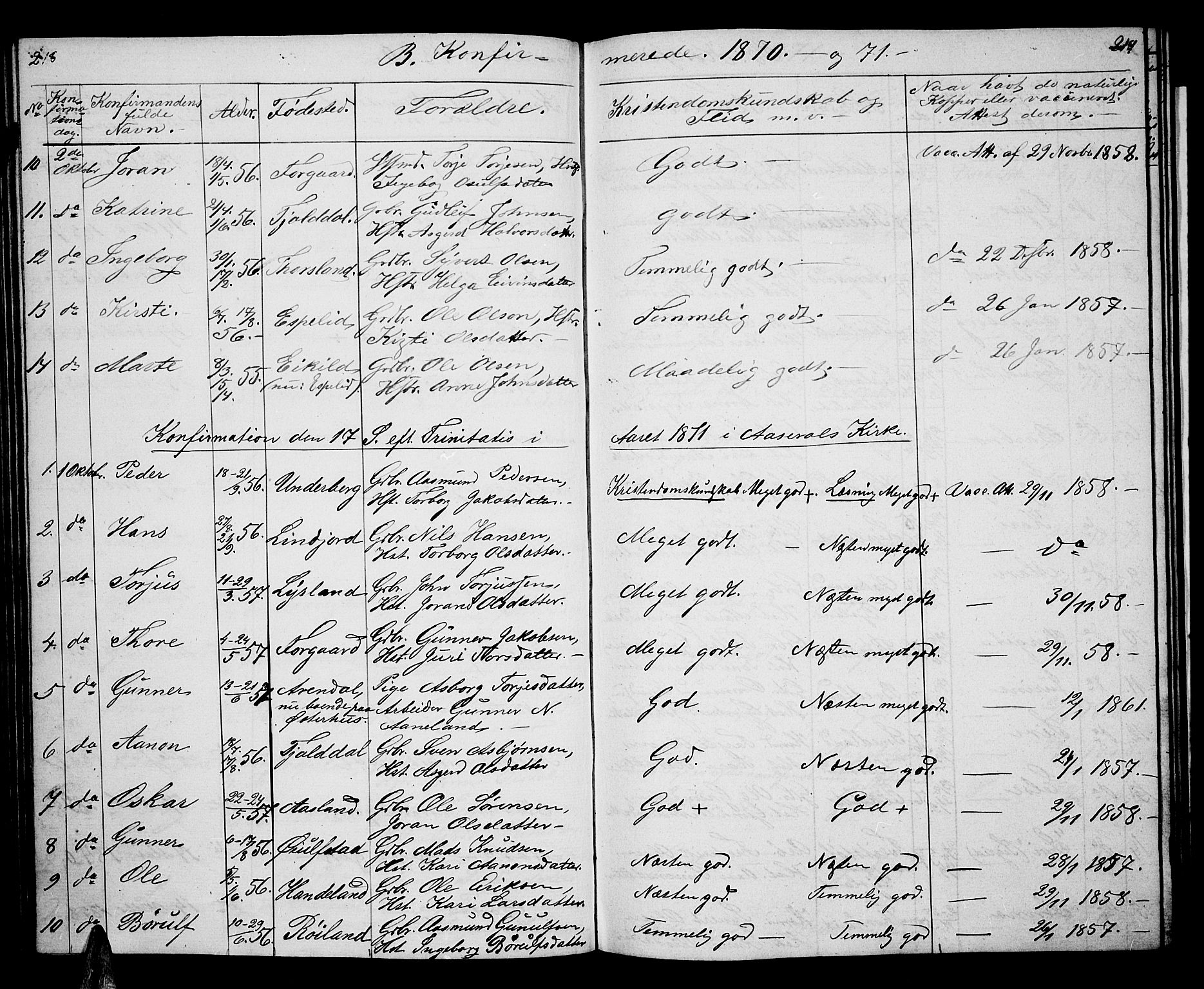 Åseral sokneprestkontor, SAK/1111-0051/F/Fb/L0001: Parish register (copy) no. B 1, 1856-1877, p. 218-219