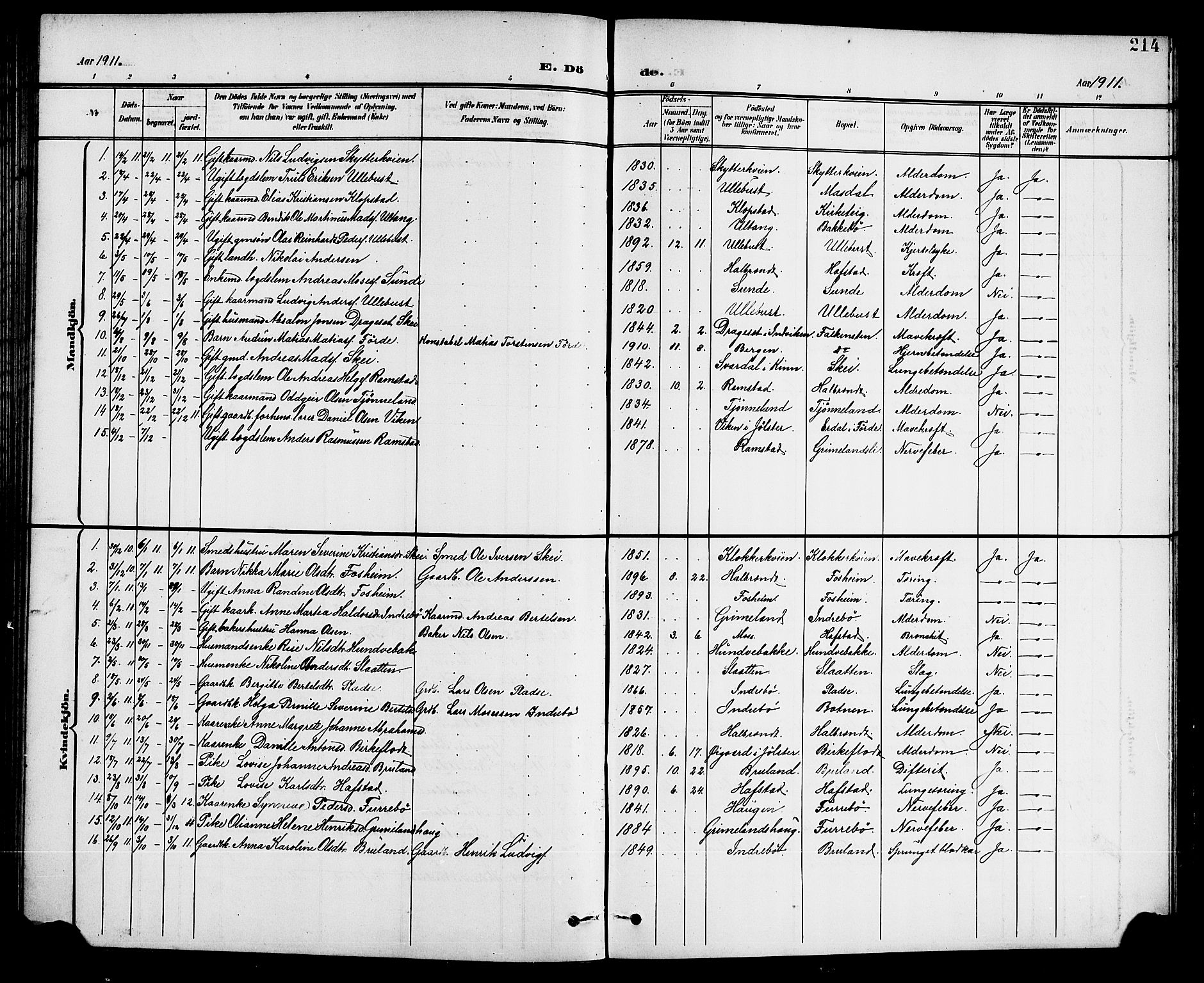 Førde sokneprestembete, SAB/A-79901/H/Hab/Haba/L0003: Parish register (copy) no. A 3, 1899-1924, p. 214