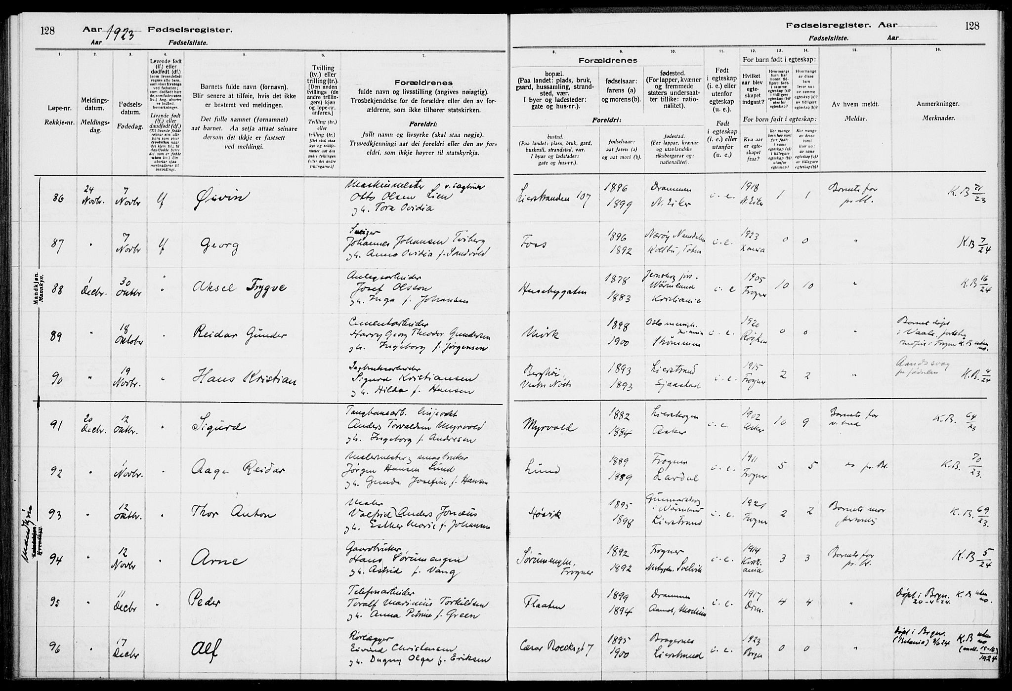 Lier kirkebøker, AV/SAKO-A-230/J/Ja/L0001: Birth register no. 1, 1916-1928, p. 128