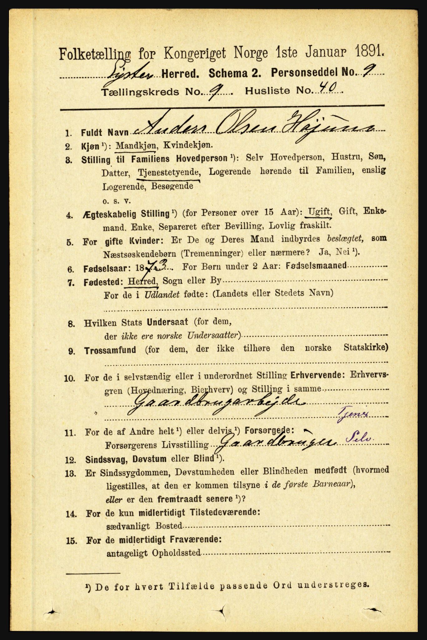 RA, 1891 census for 1426 Luster, 1891, p. 3004