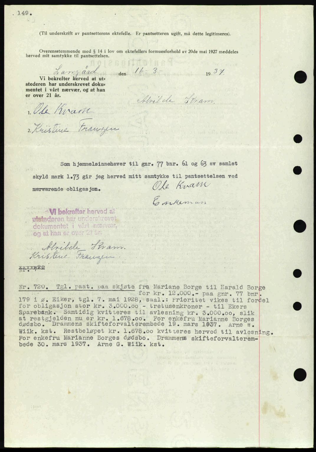 Eiker, Modum og Sigdal sorenskriveri, SAKO/A-123/G/Ga/Gab/L0035: Mortgage book no. A5, 1937-1937, Diary no: : 720/1937