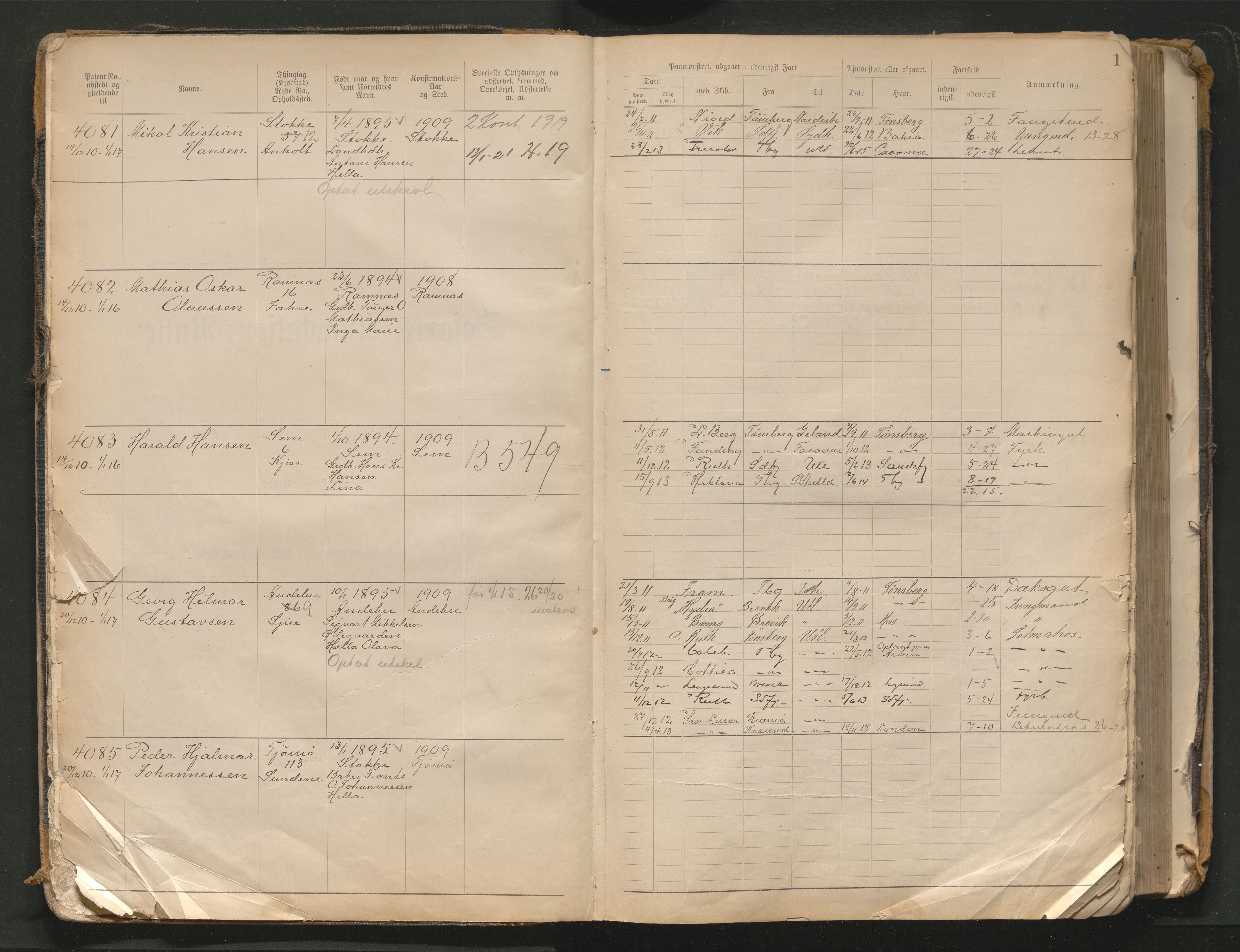 Tønsberg innrulleringskontor, AV/SAKO-A-786/F/Fb/L0010: Annotasjonsrulle Patent nr. 4081-4988, 1911-1948, p. 1