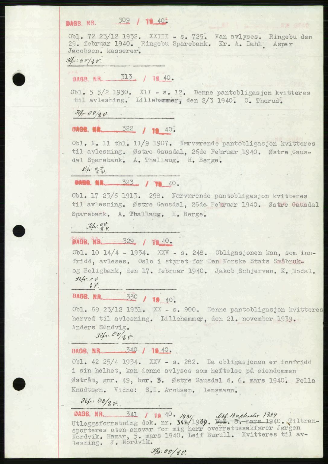 Sør-Gudbrandsdal tingrett, SAH/TING-004/H/Hb/Hbf/L0002: Mortgage book no. C1, 1938-1951, Diary no: : 309/1940