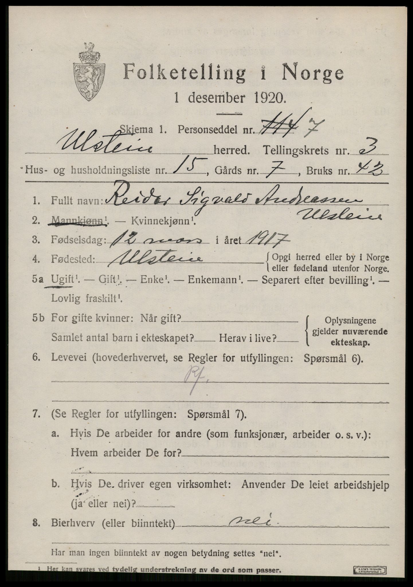 SAT, 1920 census for Ulstein, 1920, p. 1848