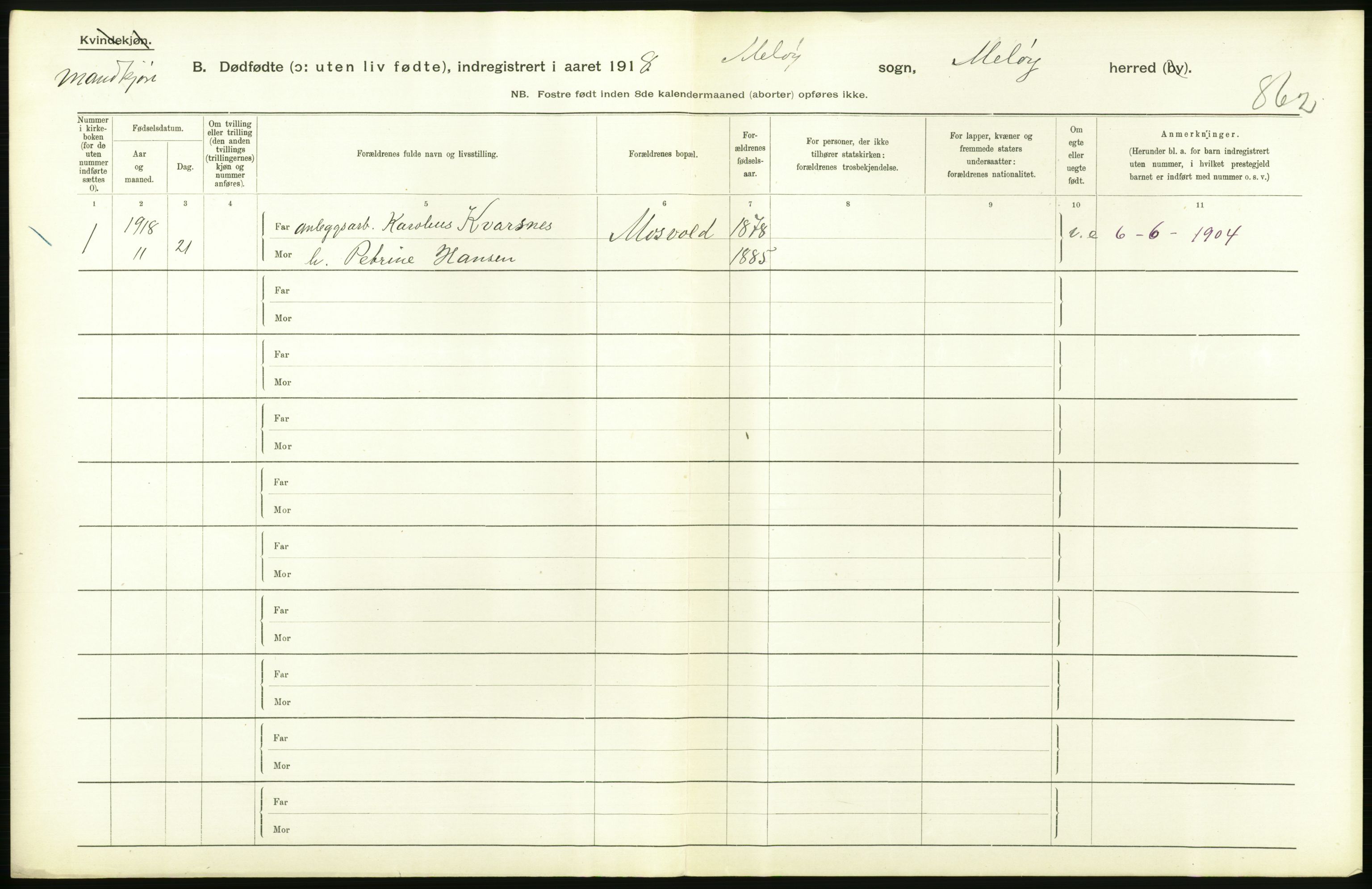 Statistisk sentralbyrå, Sosiodemografiske emner, Befolkning, RA/S-2228/D/Df/Dfb/Dfbh/L0054: Nordland fylke: Gifte, dødfødte. Bygder og byer., 1918, p. 394