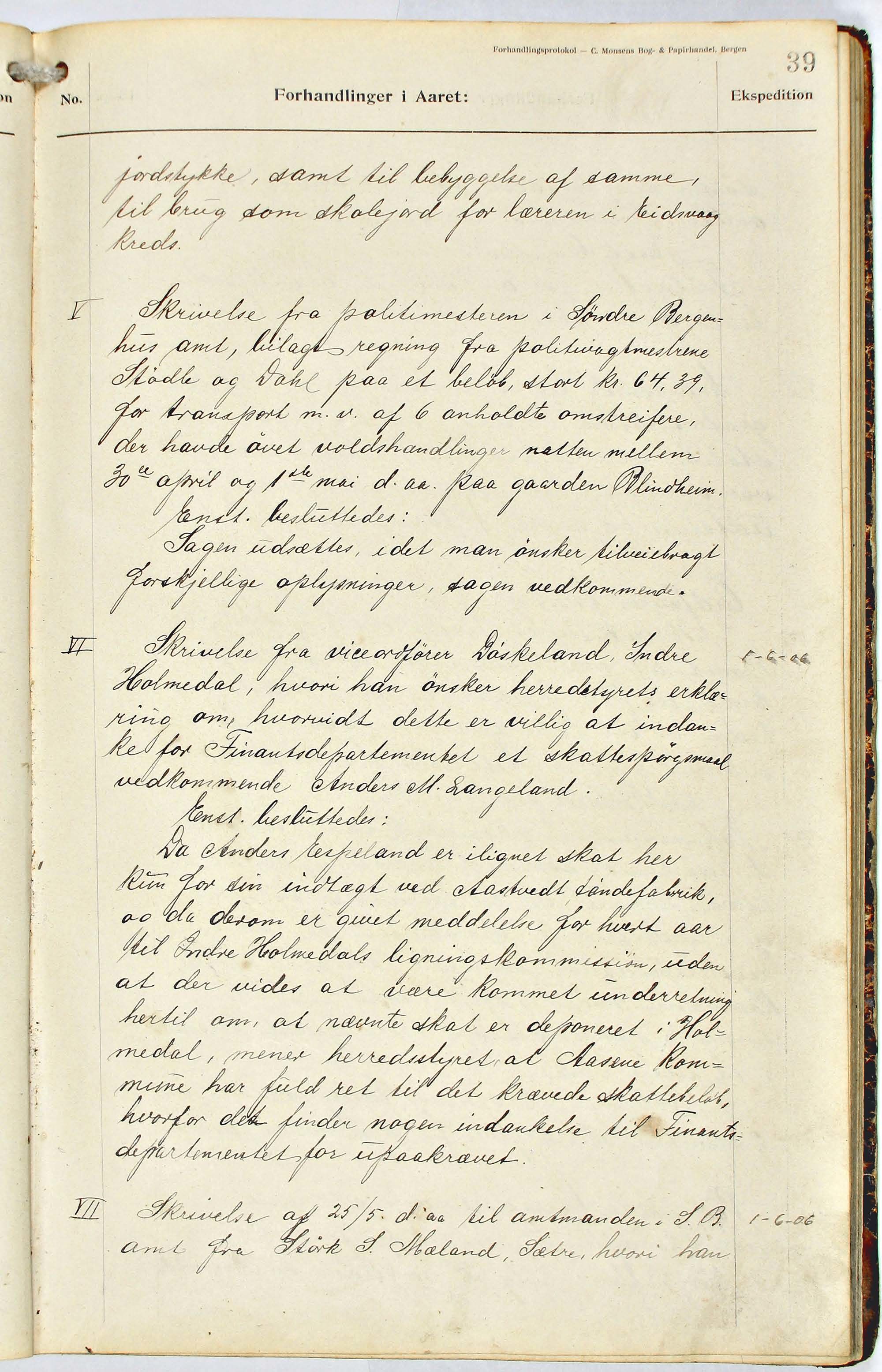 Åsane kommune. Formannskapet, BBA/A-1252/A, 1904-1909, p. 39a