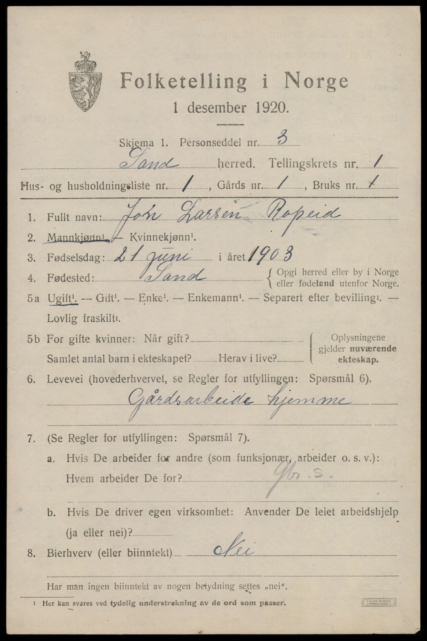 SAST, 1920 census for Sand, 1920, p. 597