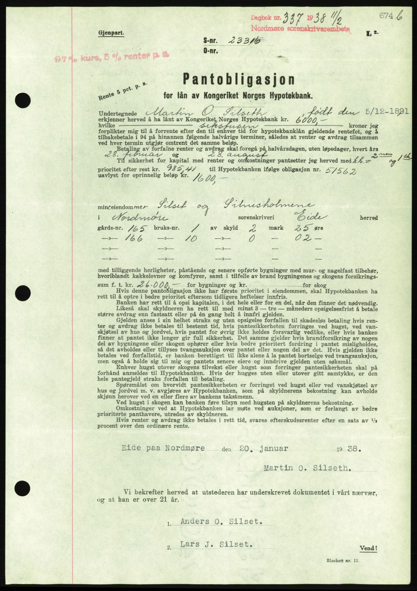 Nordmøre sorenskriveri, AV/SAT-A-4132/1/2/2Ca/L0092: Mortgage book no. B82, 1937-1938, Diary no: : 337/1938