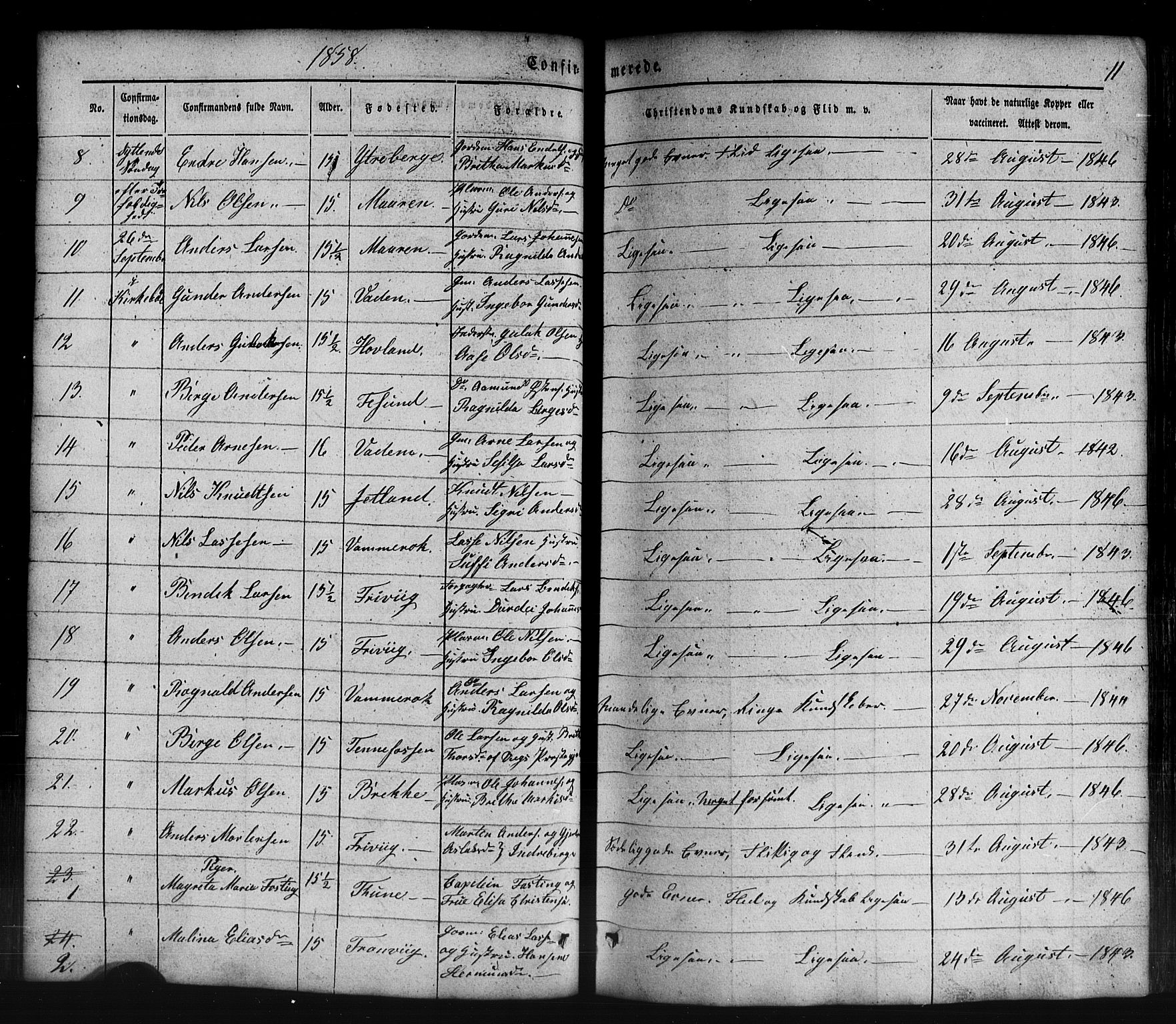 Lavik sokneprestembete, AV/SAB-A-80901: Parish register (copy) no. B 1, 1854-1881, p. 11