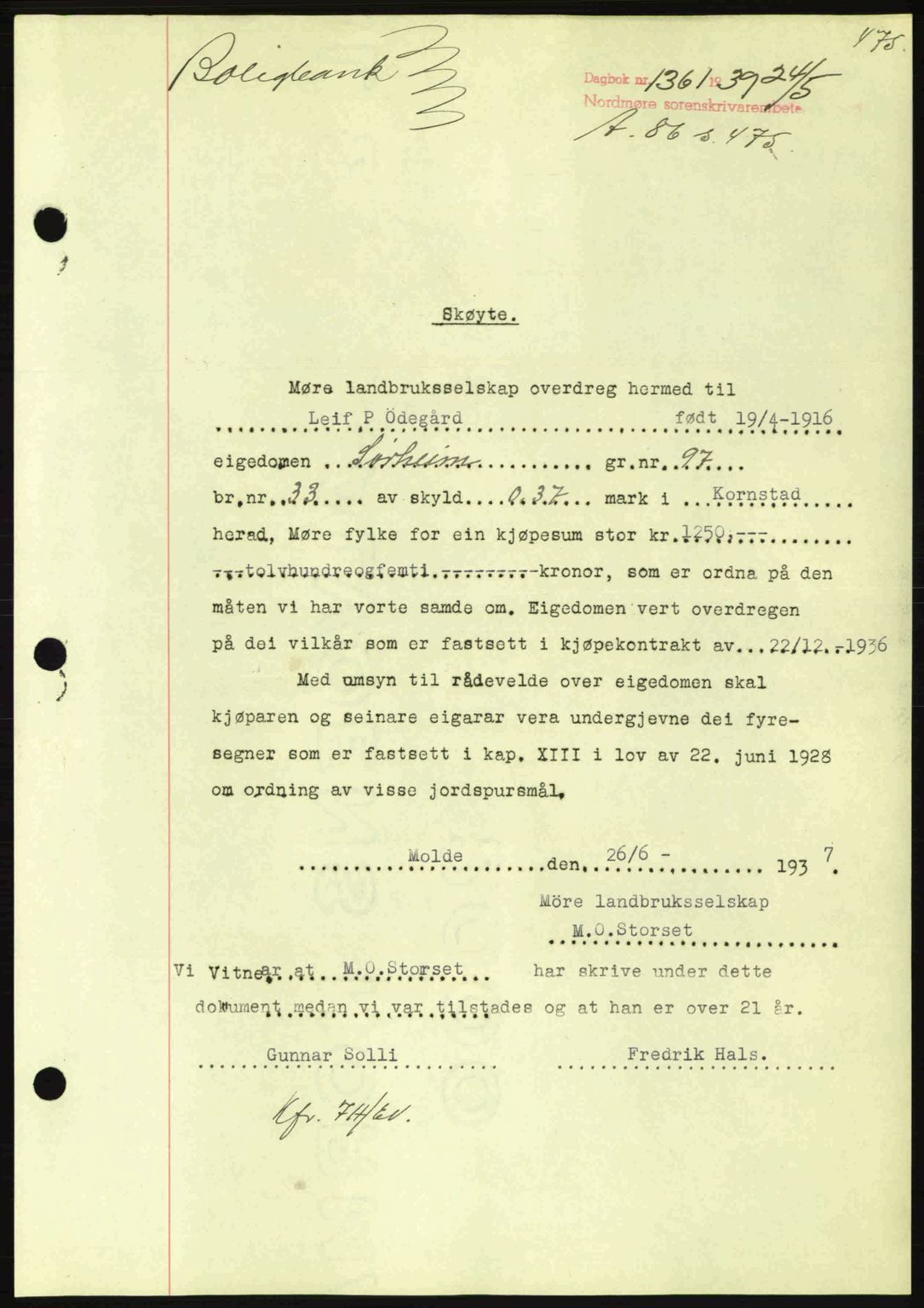 Nordmøre sorenskriveri, SAT/A-4132/1/2/2Ca: Mortgage book no. A86, 1939-1939, Diary no: : 1361/1939