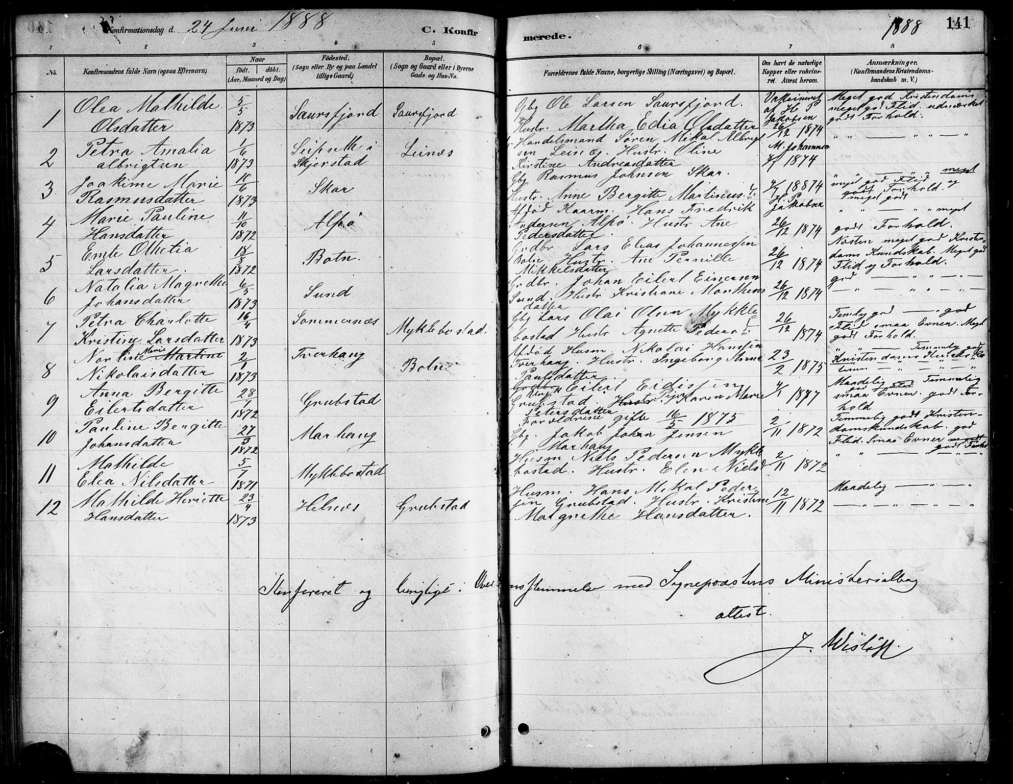 Ministerialprotokoller, klokkerbøker og fødselsregistre - Nordland, AV/SAT-A-1459/857/L0828: Parish register (copy) no. 857C03, 1879-1908, p. 141