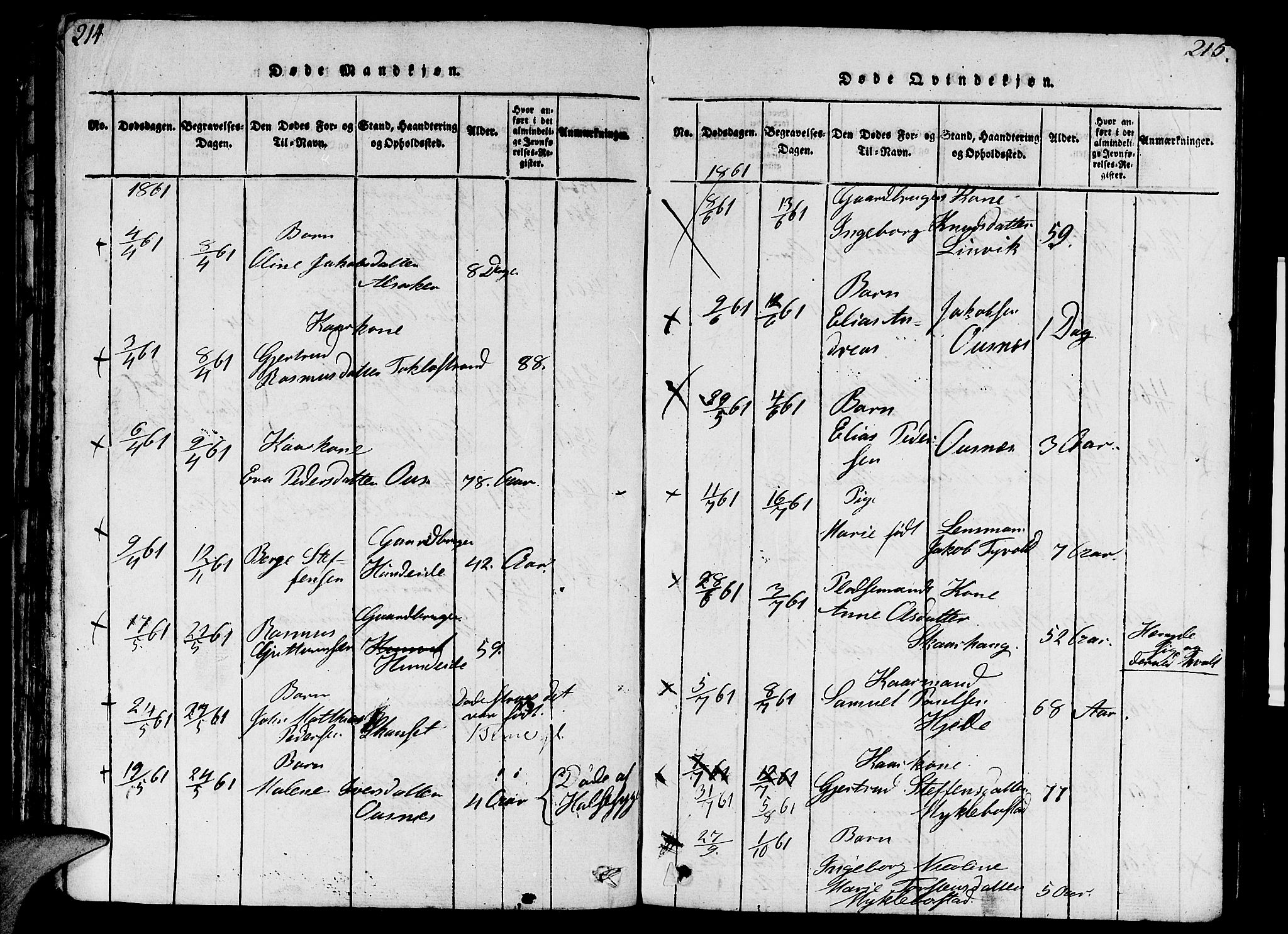 Eid sokneprestembete, AV/SAB-A-82301/H/Hab/Haba/L0001: Parish register (copy) no. A 1, 1816-1862, p. 214-215