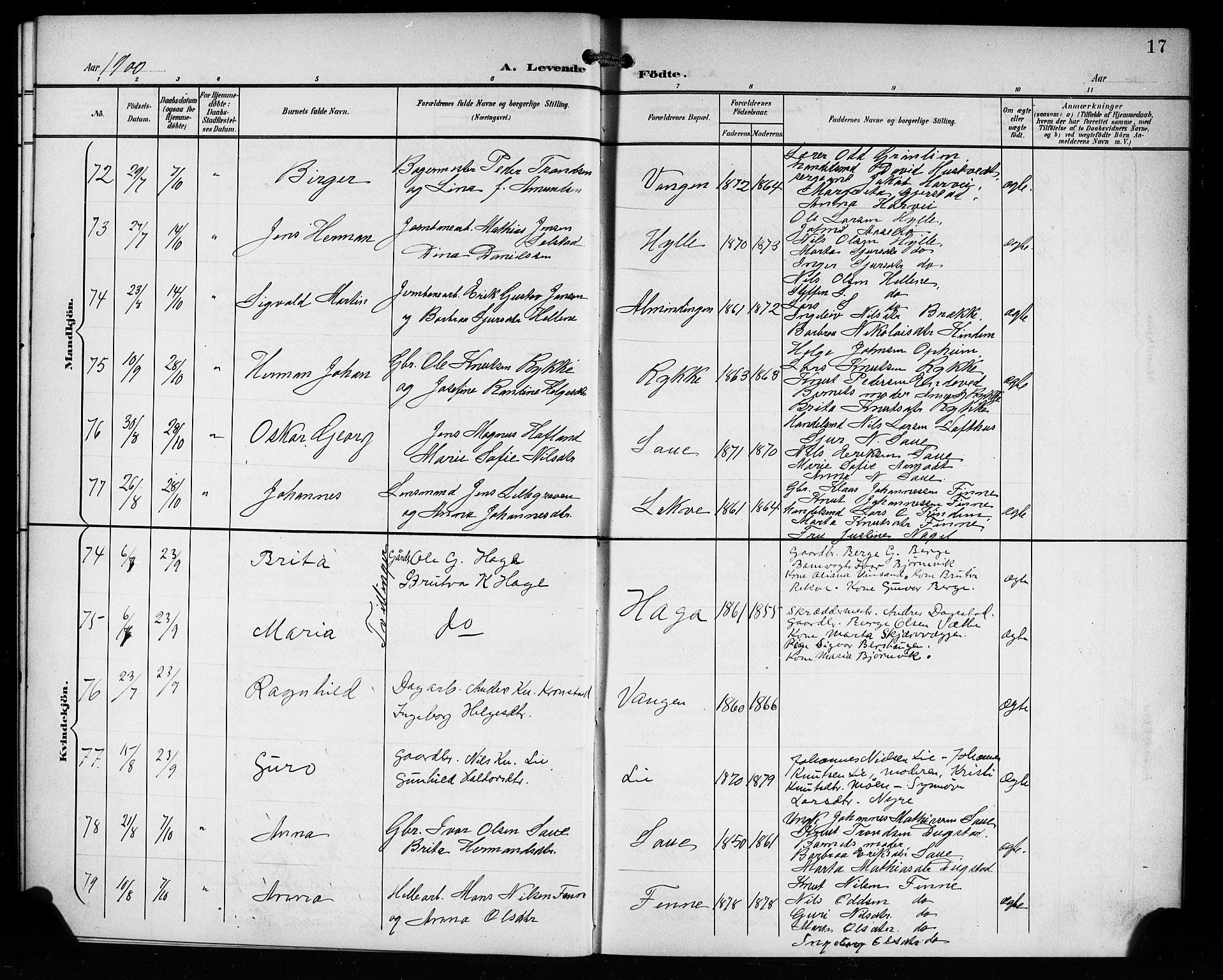 Voss sokneprestembete, AV/SAB-A-79001/H/Hab: Parish register (copy) no. C 2, 1900-1909, p. 17