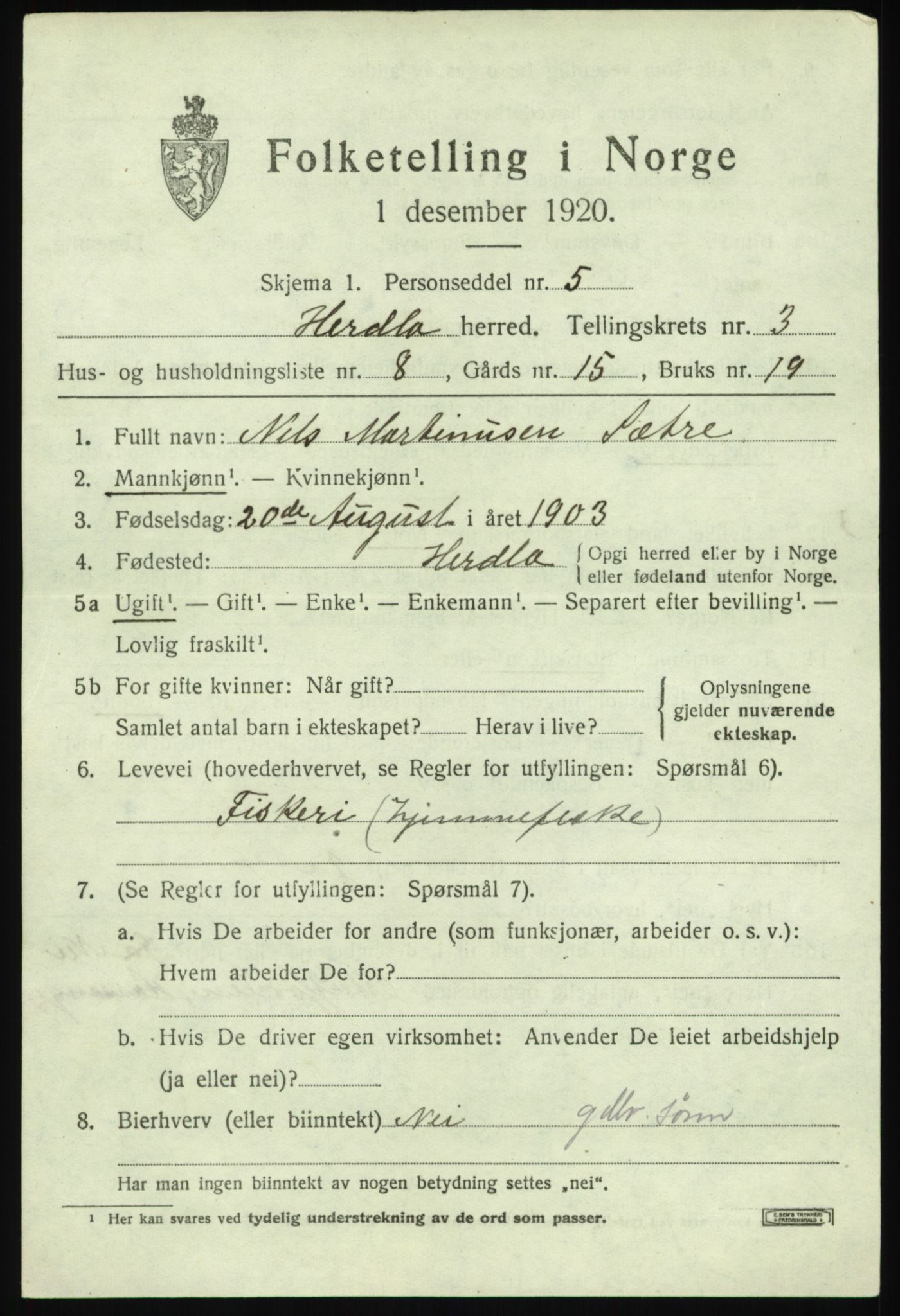 SAB, 1920 census for Herdla, 1920, p. 2899